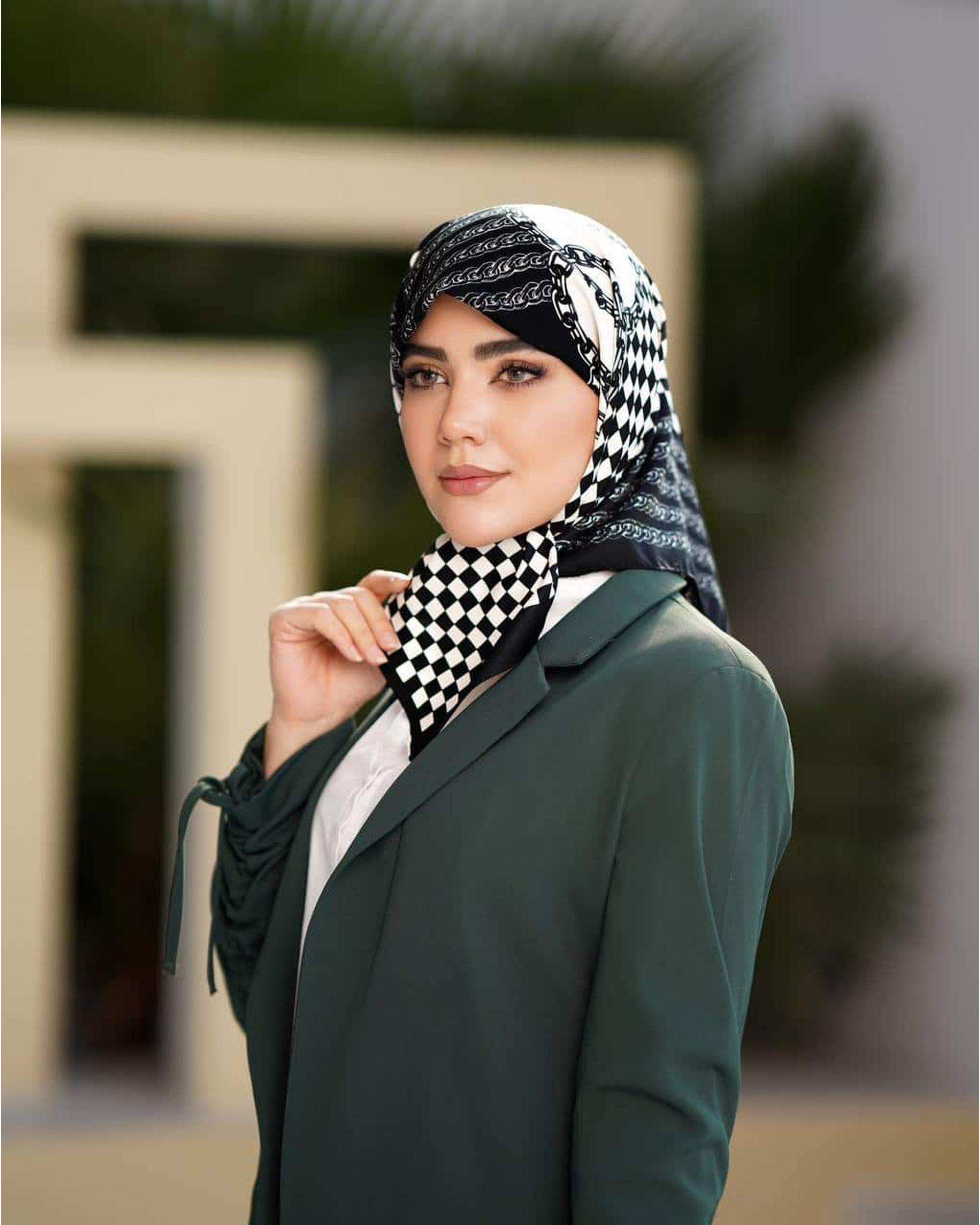 مینی اسکارف زنانه ابریشم توییل مشکی سفید جی دو GIDO کد 04-01077