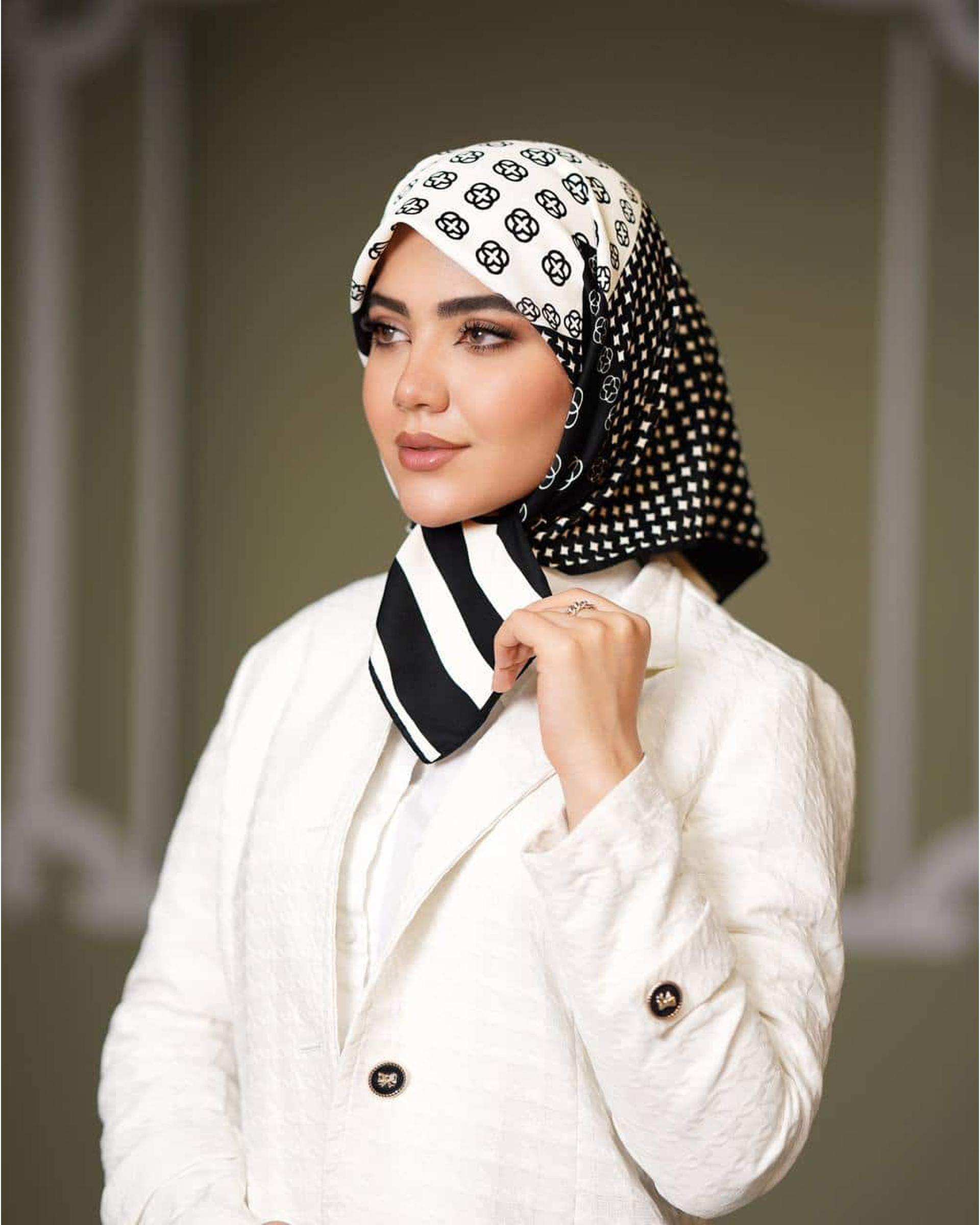 مینی اسکارف زنانه ابریشم توییل مشکی سفید جی دو GIDO طرح گوچی کد 03-01077