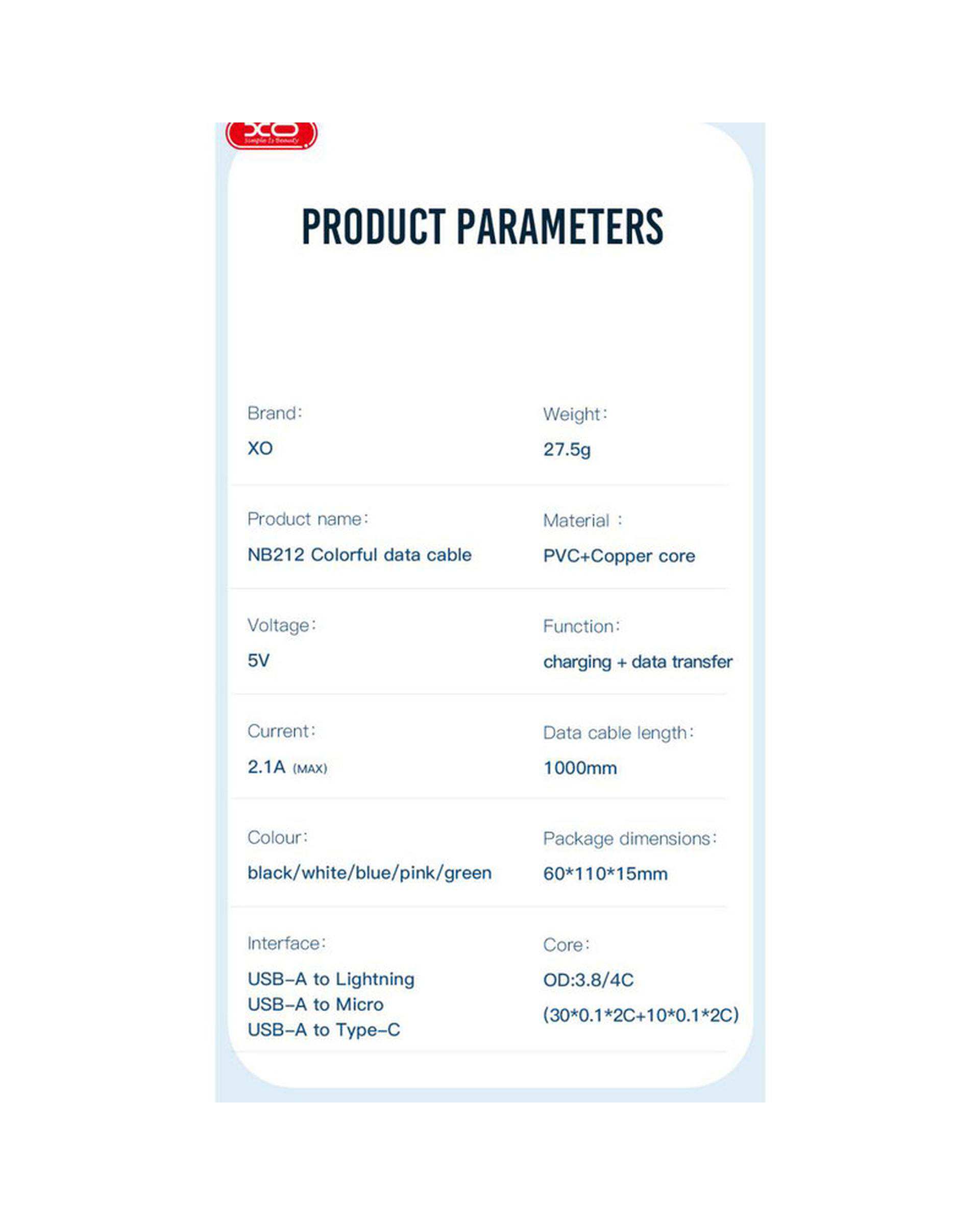 کابل تبدیل USB به usb-c سفید ایکس او XO مدل NB212 طول 1 متر