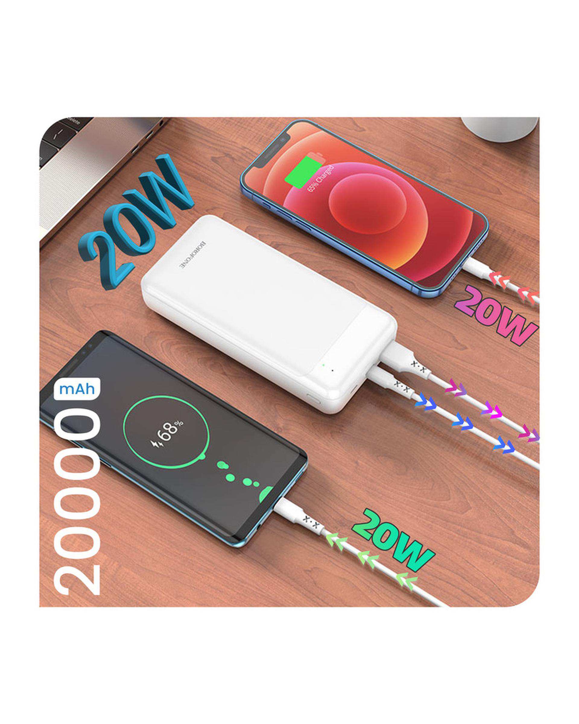 پاوربانک سفید بروفون Borofone مدل BJ19A 20WPD+QC3.0 ظرفیت 20000 میلی آمپر ساعت