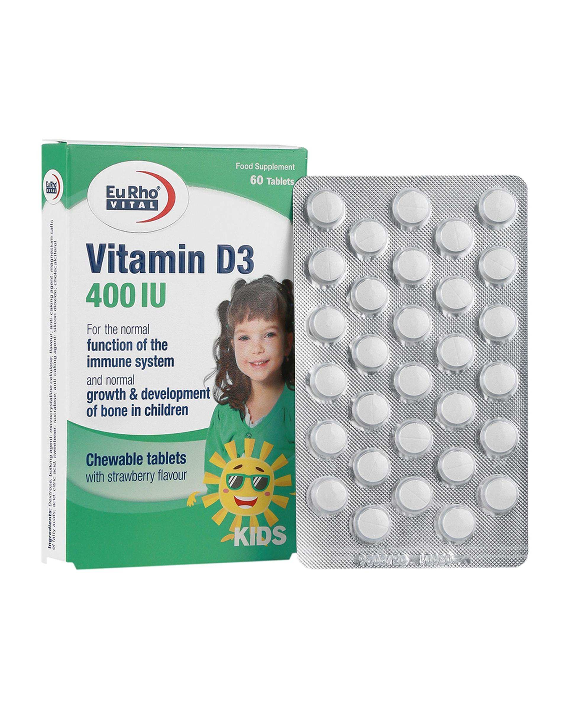 قرص جویدنی ویتامین D3 یوروویتال 400 واحدی با طعم توت فرنگی بسته 60 عددی