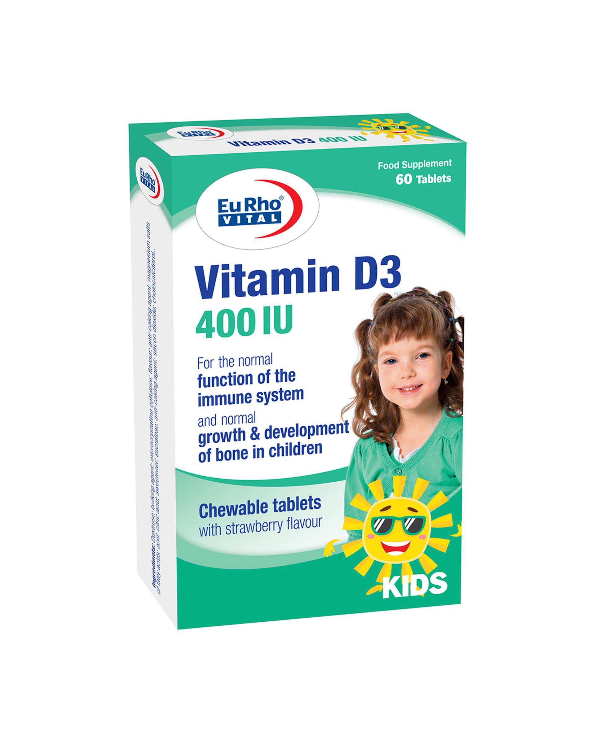 قرص جویدنی ویتامین D3 یوروویتال 400 واحدی با طعم توت فرنگی بسته 60 عددی