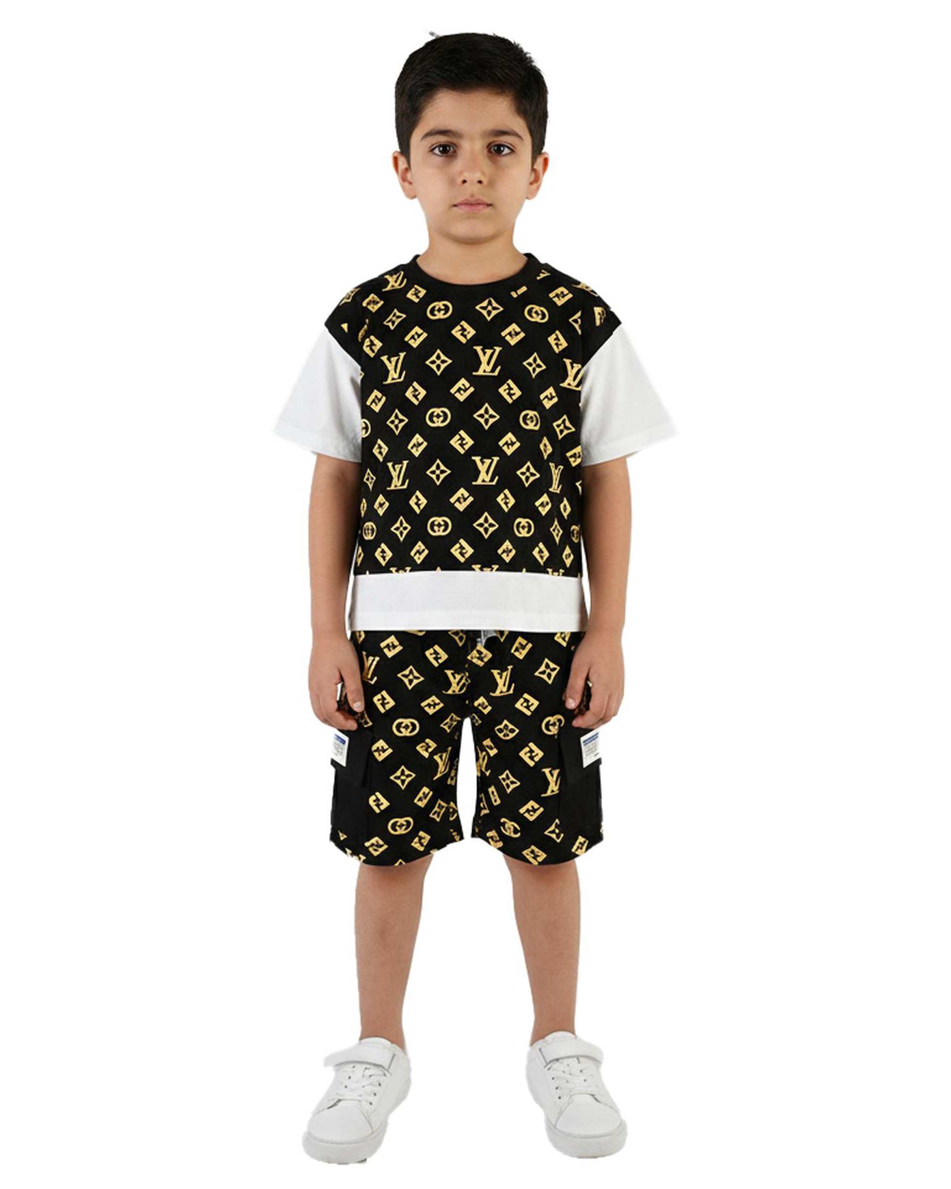 ست تی شرت و شلوارک پسرانه مشکی سارالی کیدز مدل Appl smile