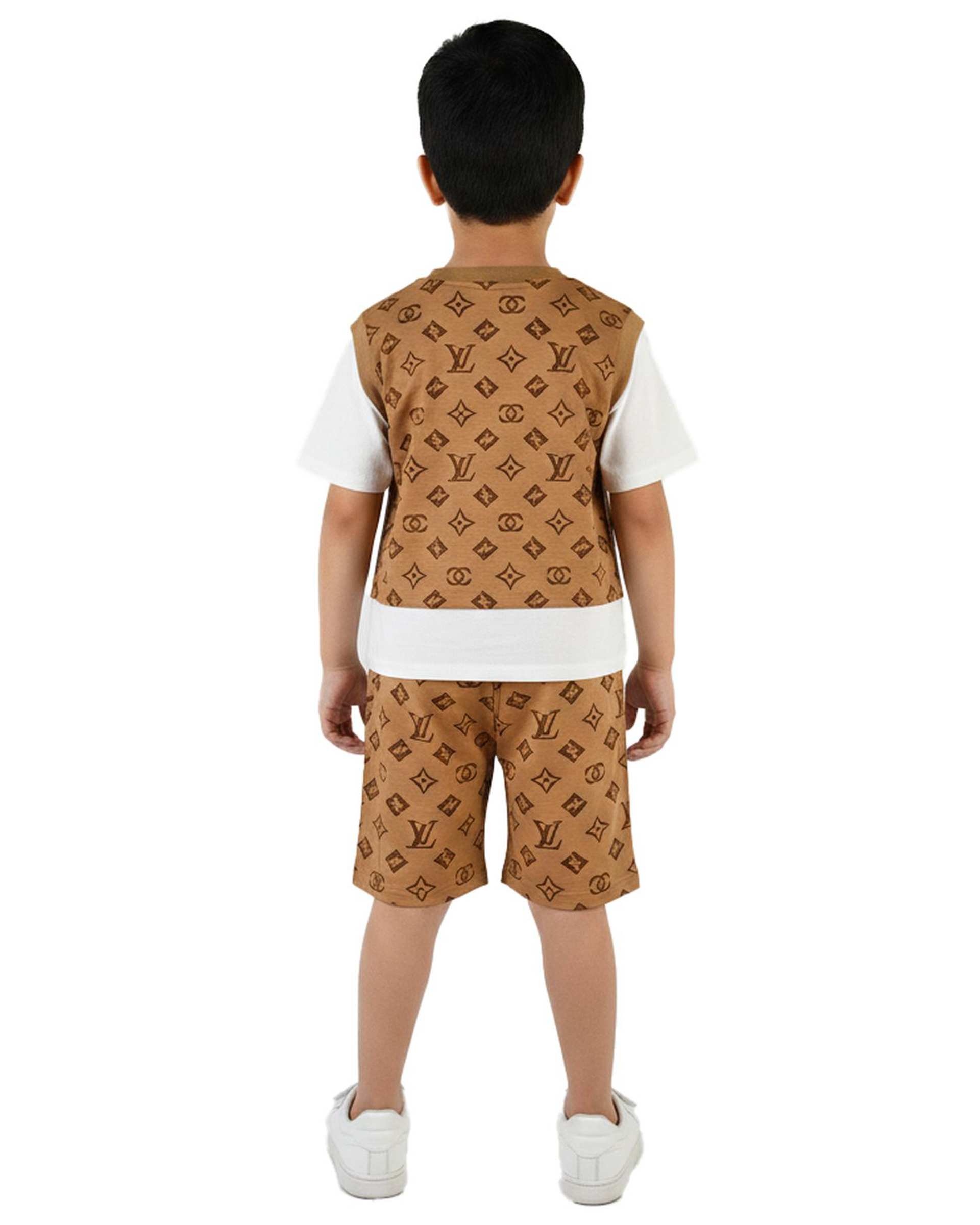 ست تی شرت و شلوارک پسرانه قهوه ای سارالی کیدز مدل Appl smile