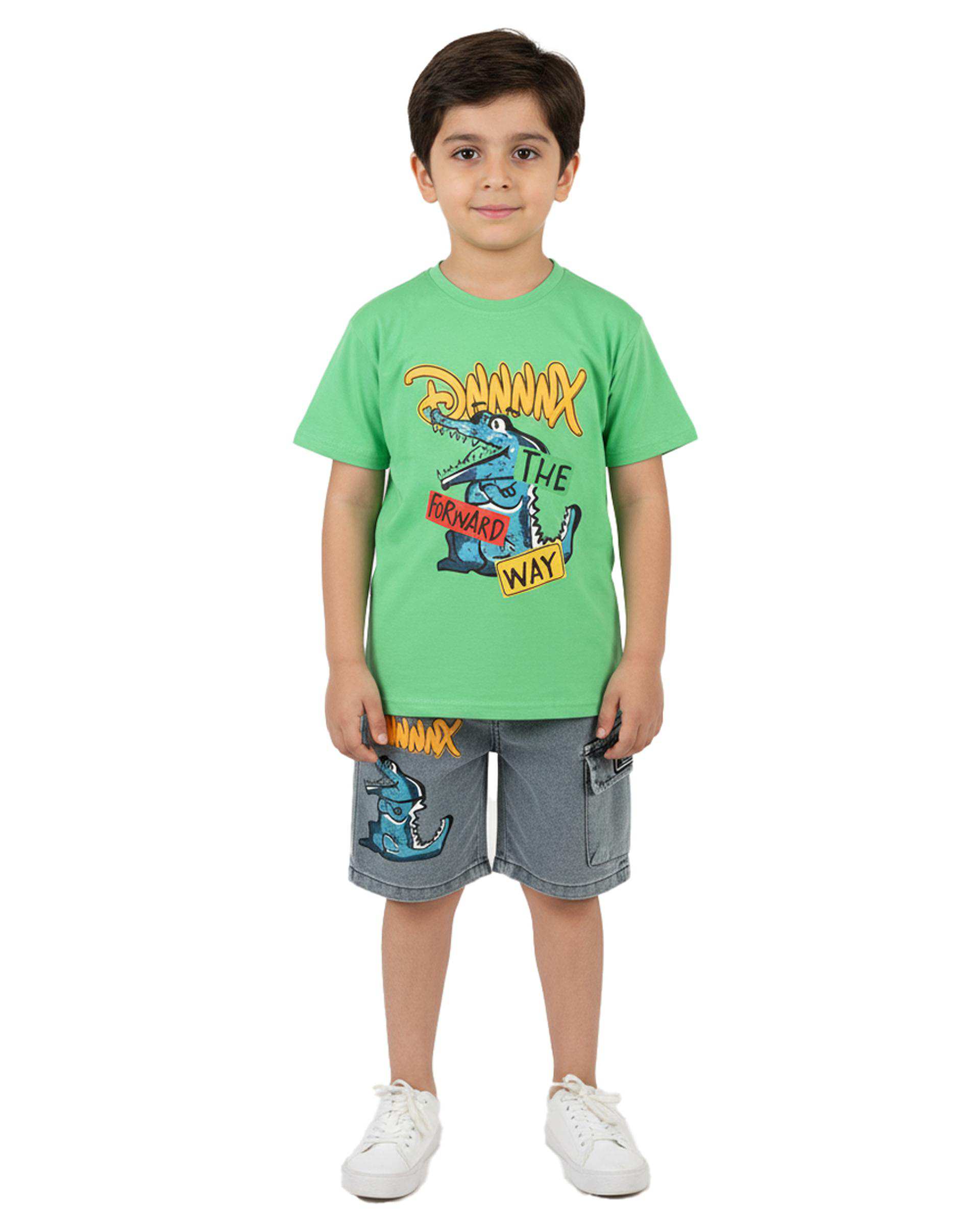 ست تیشرت و شلوارک جین پسرانه سبز سارالی کیدز مدل دایناسور