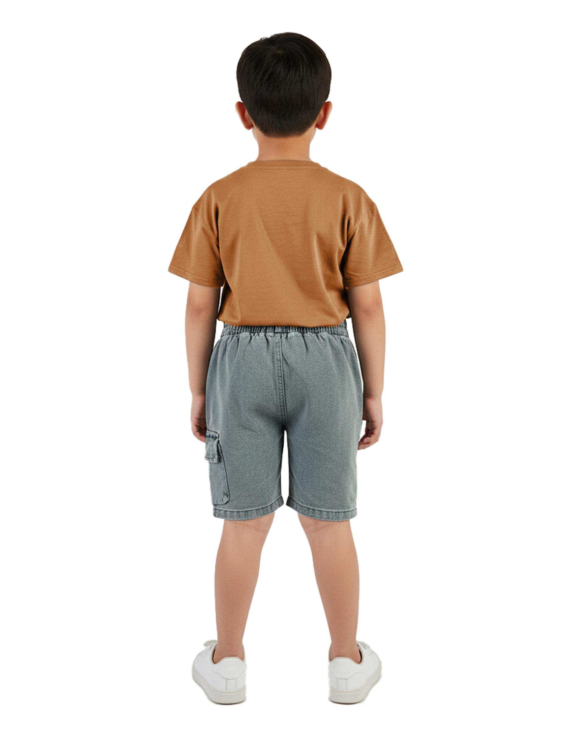 ست تیشرت و شلوارک جین پسرانه قهوه ای سارالی کیدز مدل دایناسور