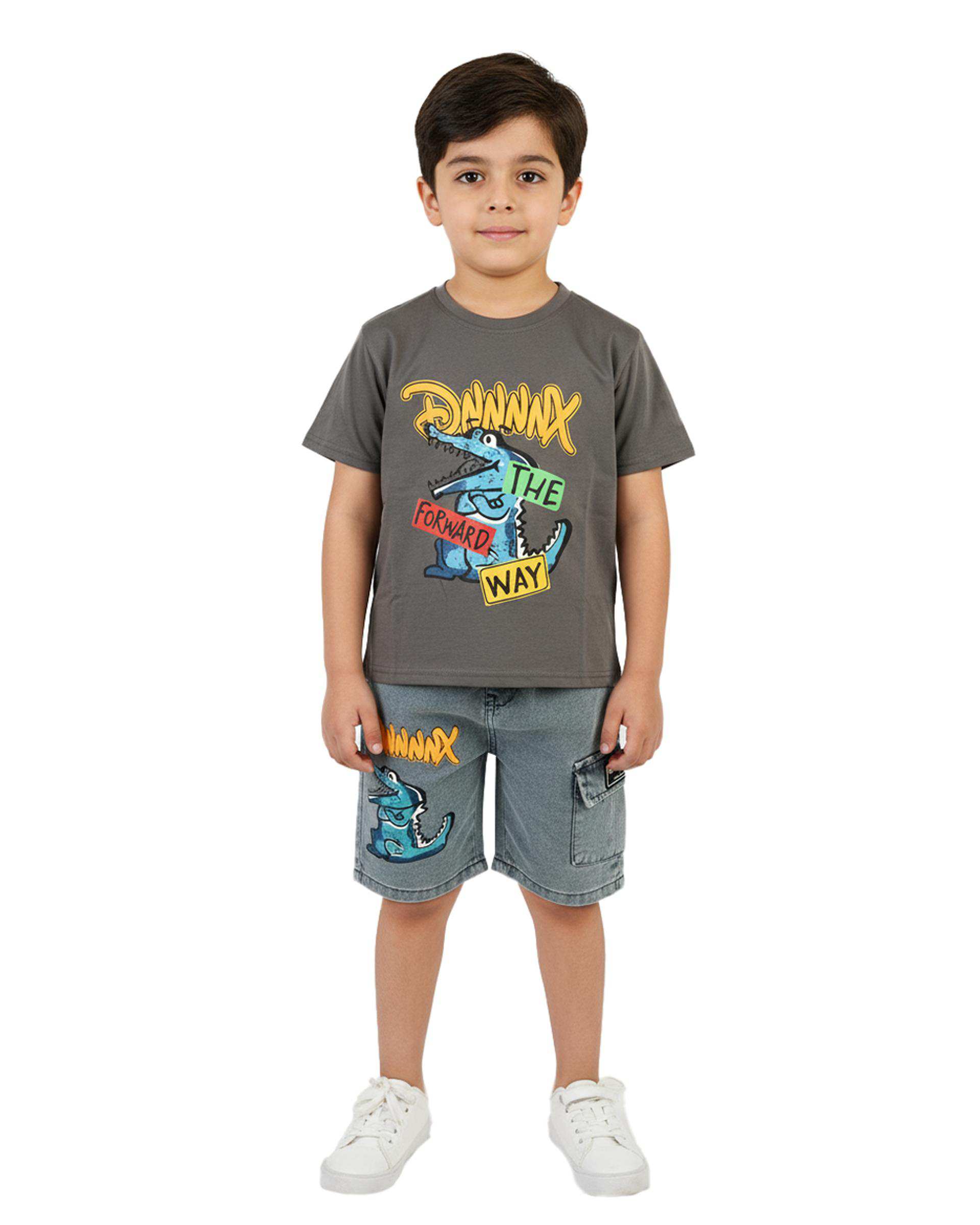 ست تیشرت و شلوارک جین پسرانه طوسی سارالی کیدز مدل دایناسور