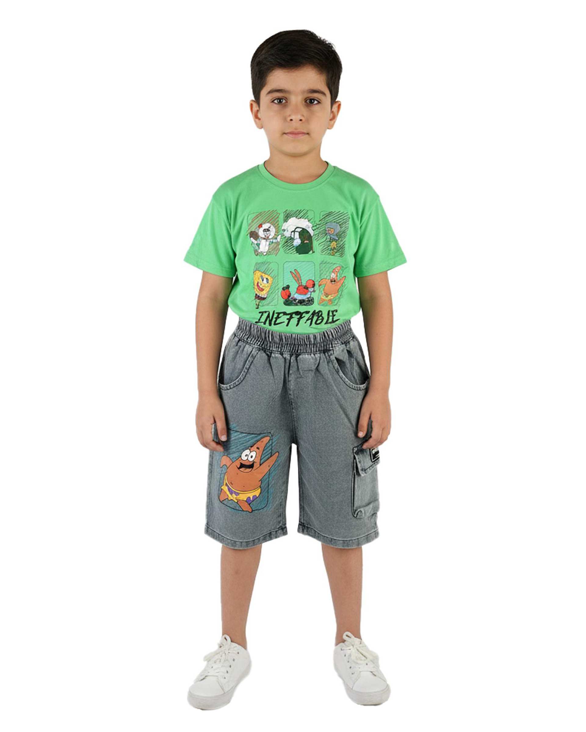 ست تیشرت و شلوارک بچگانه سبز سارالی کیدز مدل باب اسفنجی