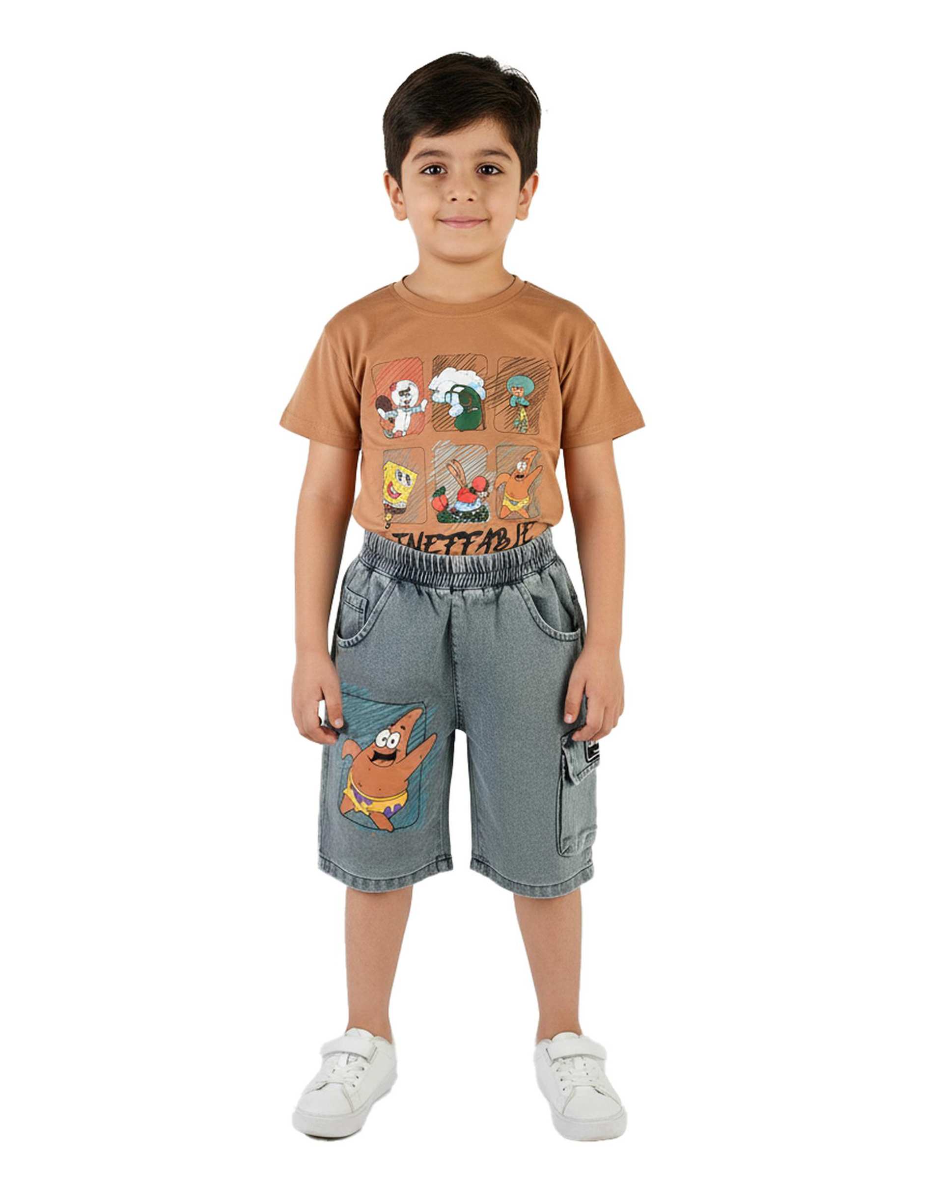 ست تیشرت و شلوارک بچگانه قهوه ای سارالی کیدز مدل باب اسفنجی