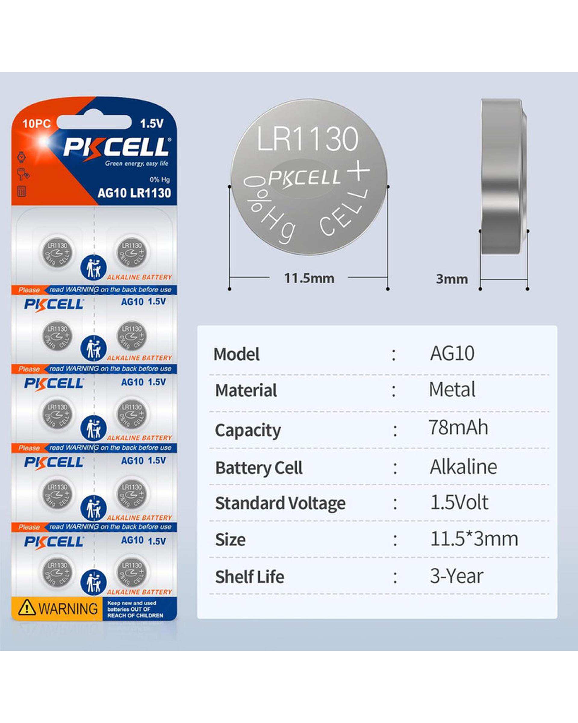 باتری سکه ای پی کی سل Pkcell مدل AG10 LR1130 بسته 10 عددی