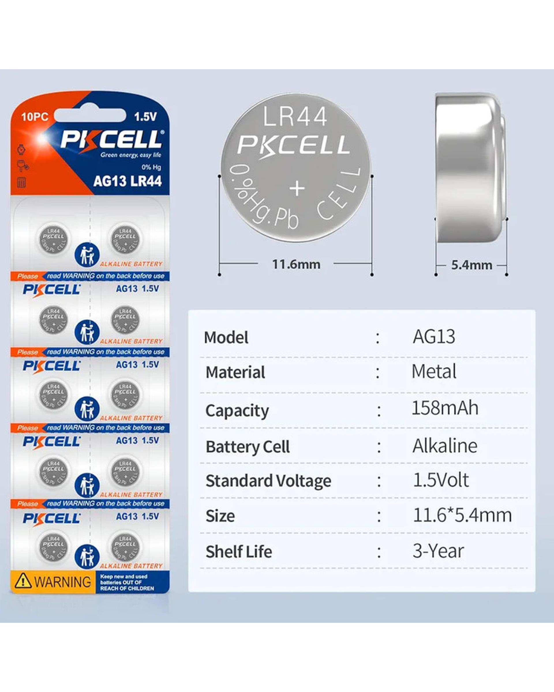 باتری ساعت پی کی سل Pkcell مدل AG13 LR44 بسته 10 عددی