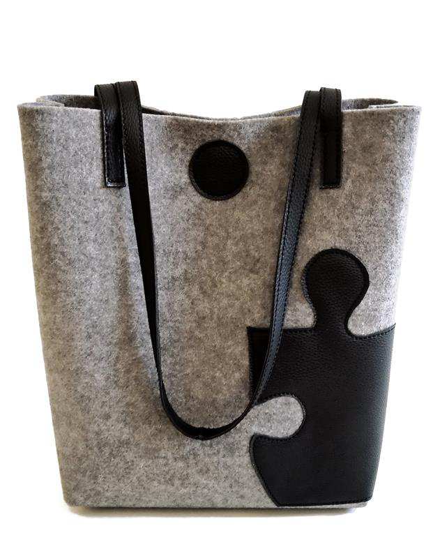 کیف زنانه دستی نمدی طوسی مشکی گره