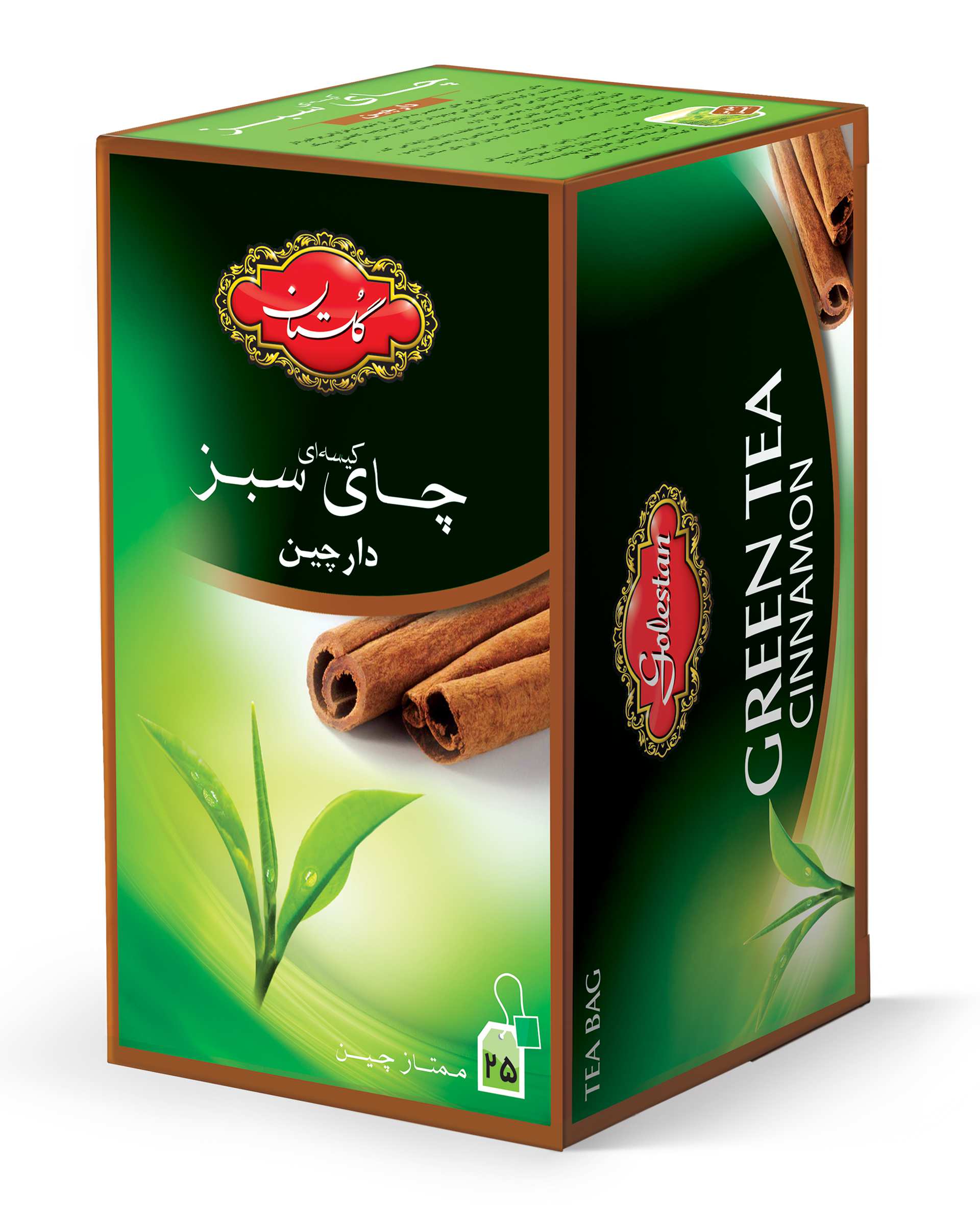 چای سبز کیسه ای با طعم دارچین گلستان بسته 25 عددی 