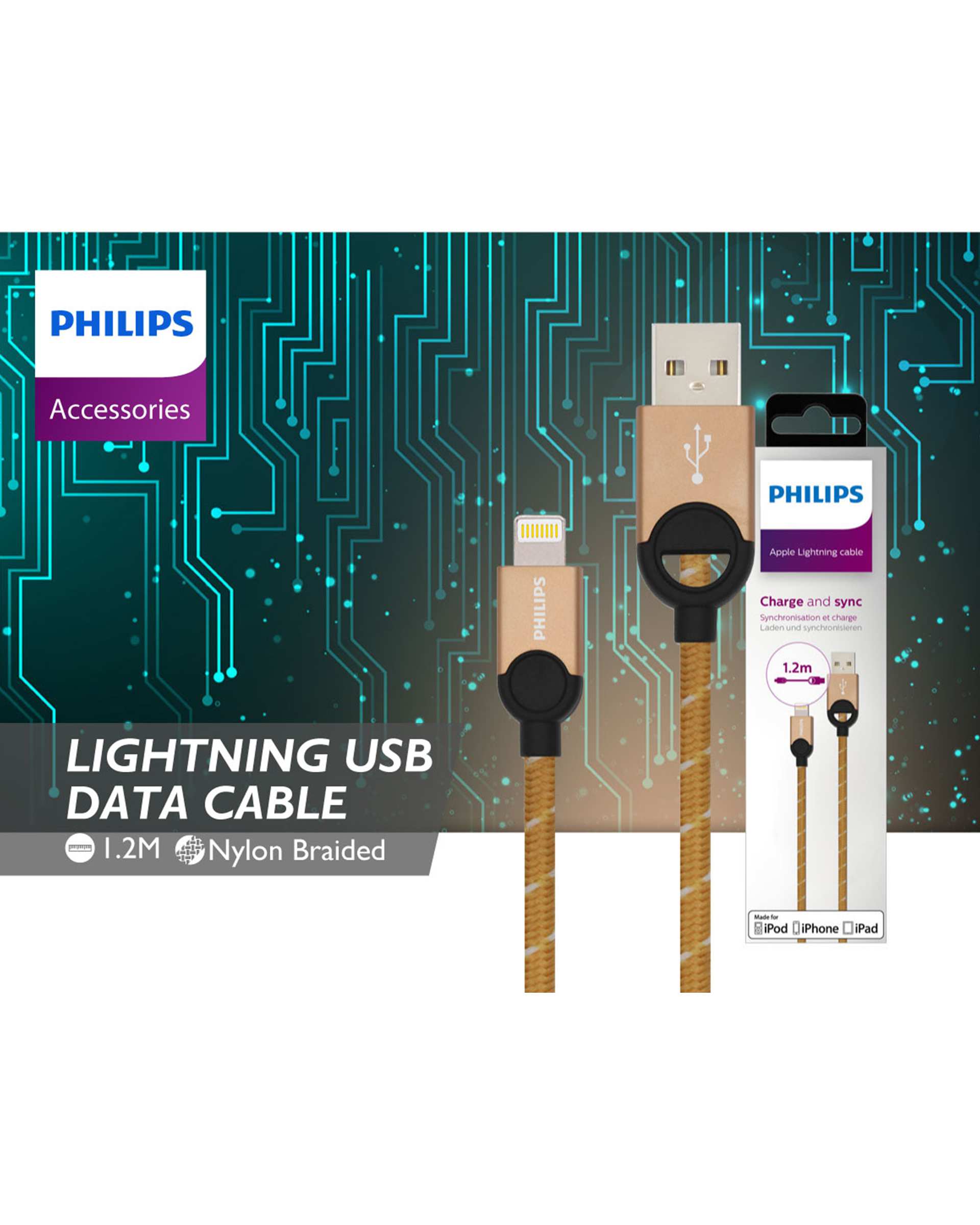 کابل تبدیل USB به Lightning طلایی فیلیپس مدل DLC2608G