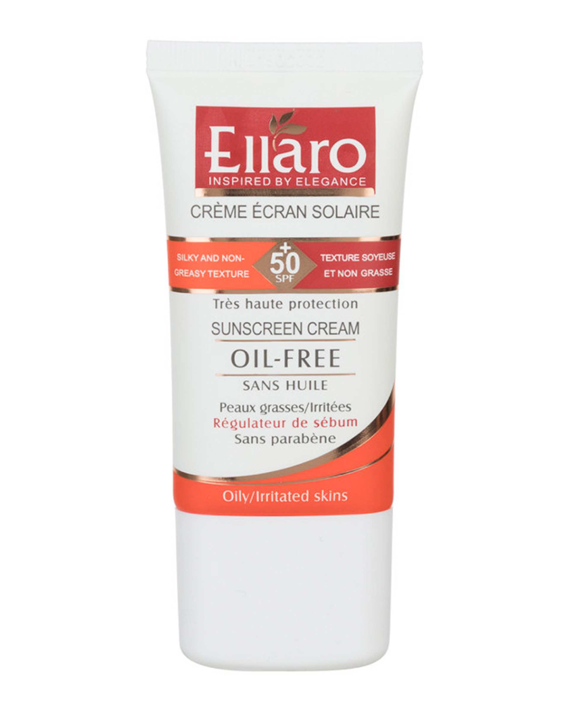 کرم ضد آفتاب بی رنگ SPF50 فاقد چربی الارو Ellaro مدل Oil Free حجم 40ml