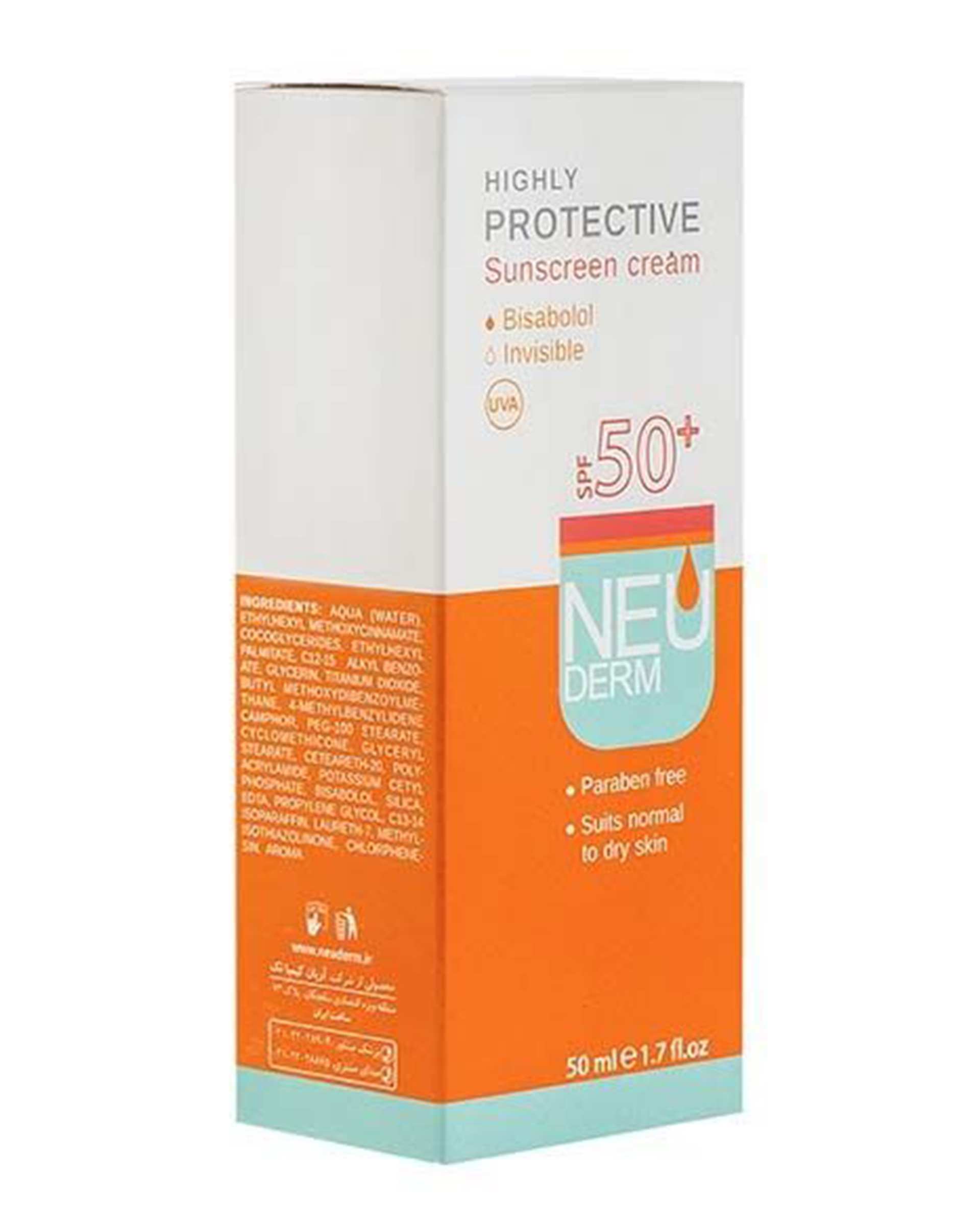 کرم ضد آفتاب SPF50 بی رنگ نئودرم Neuderm مدل Highly Protective Invisible حجم 50ml