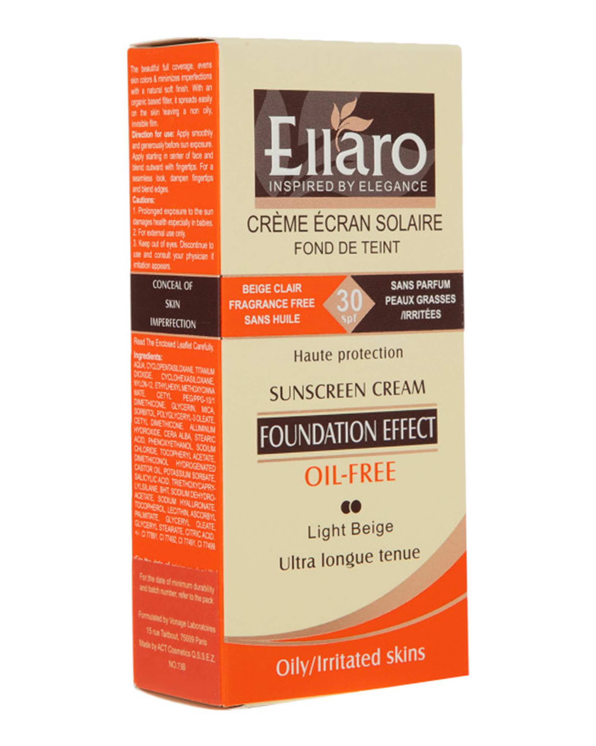 کرم ضد آفتاب SPF30 رنگی بدون چربی الارو Ellaro سری Foundation Effect مدل Light Beige حجم 40ml