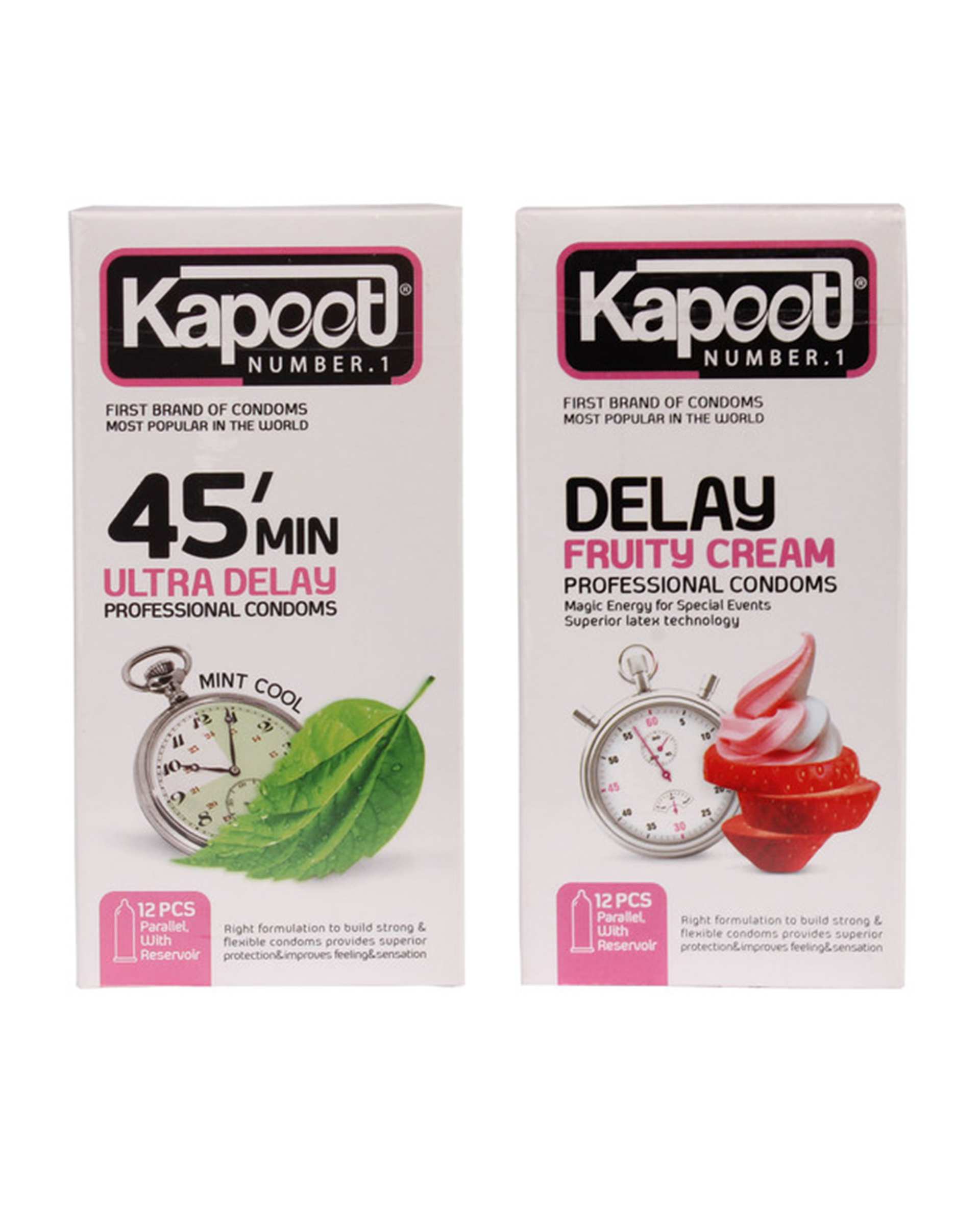 کاندوم مدل 45min به همراه کاندوم مدل Delay Fruity Cream کاپوت Kapoot مجموعه 2 بسته 12 عددی