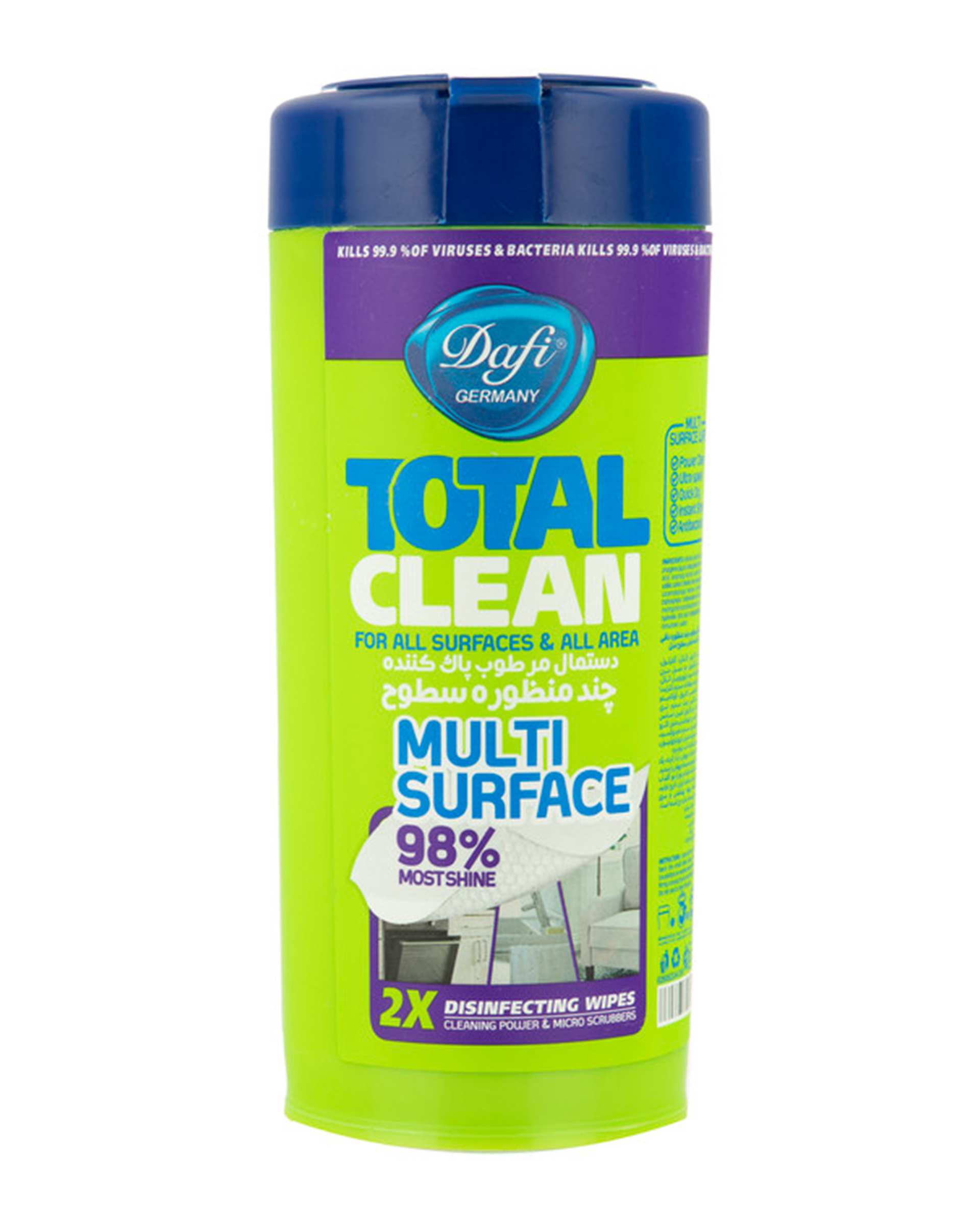 دستمال مرطوب پاک کننده چند منظوره سطوح دافی Dafi مدل Antibacterial Total Clean بسته 3 عددی