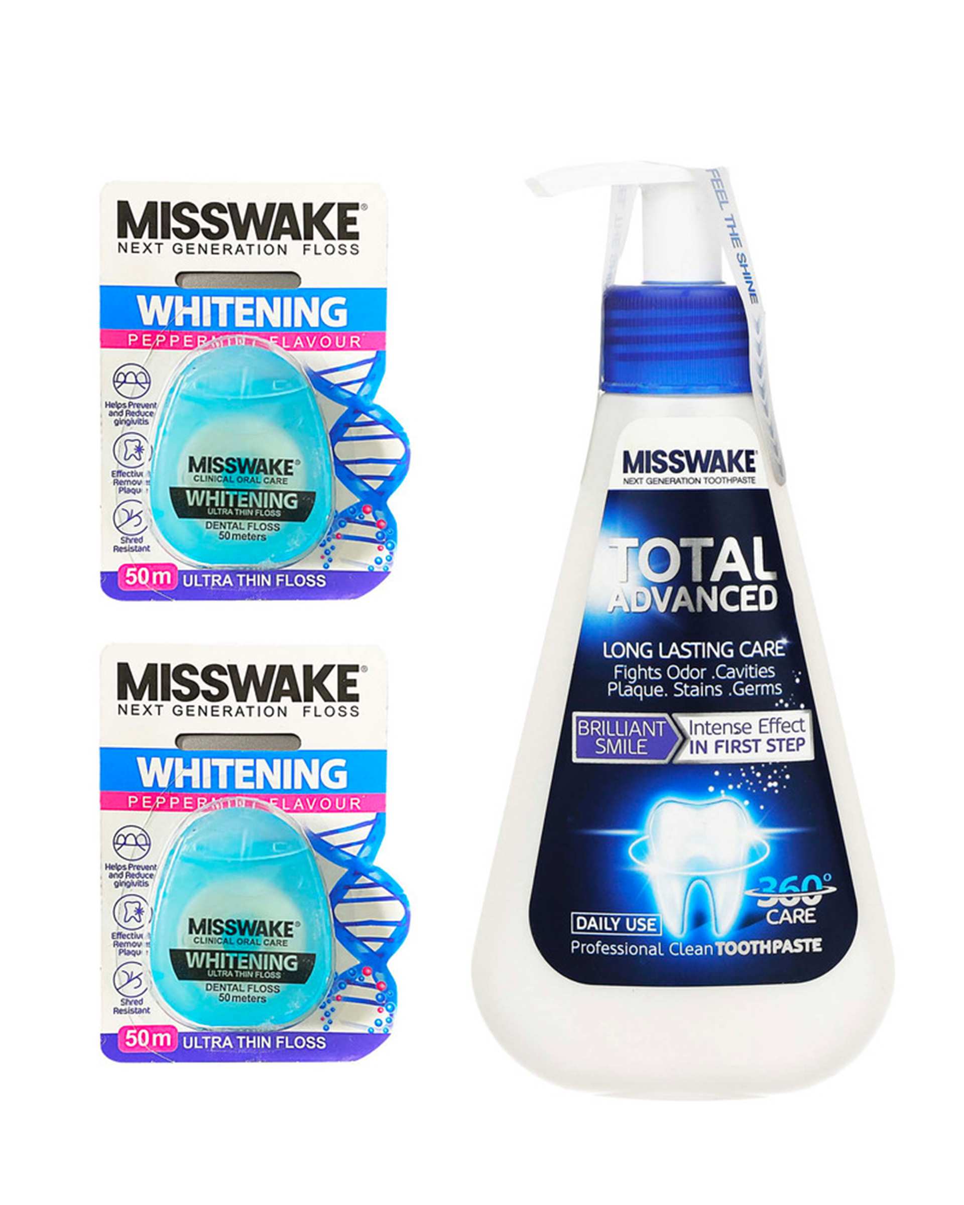 خمیر دندان مدل Total Advanced حجم 260ml به همراه نخ دندان مدل Whitening میسویک Misswake بسته 3 عددی