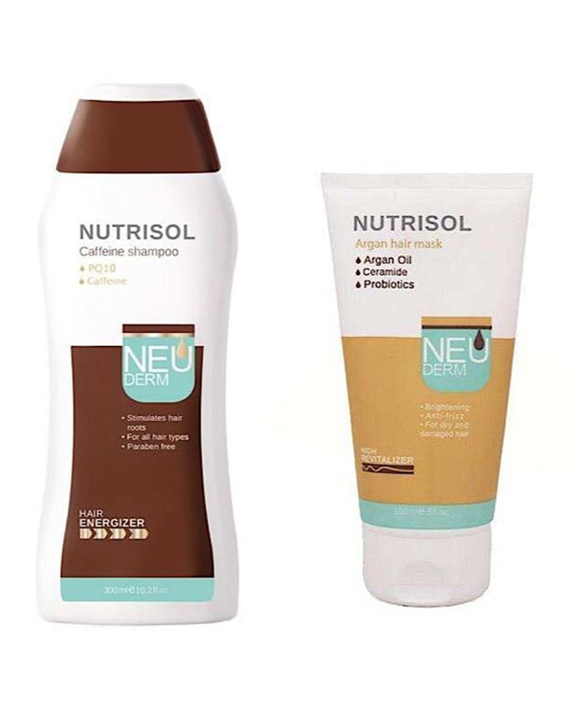 شامپو ضد ریزش مو مدل Nutrisol حجم 300ml به همراه ماسک مو مدل آرگان حجم 150ml نئودرم Neuderm