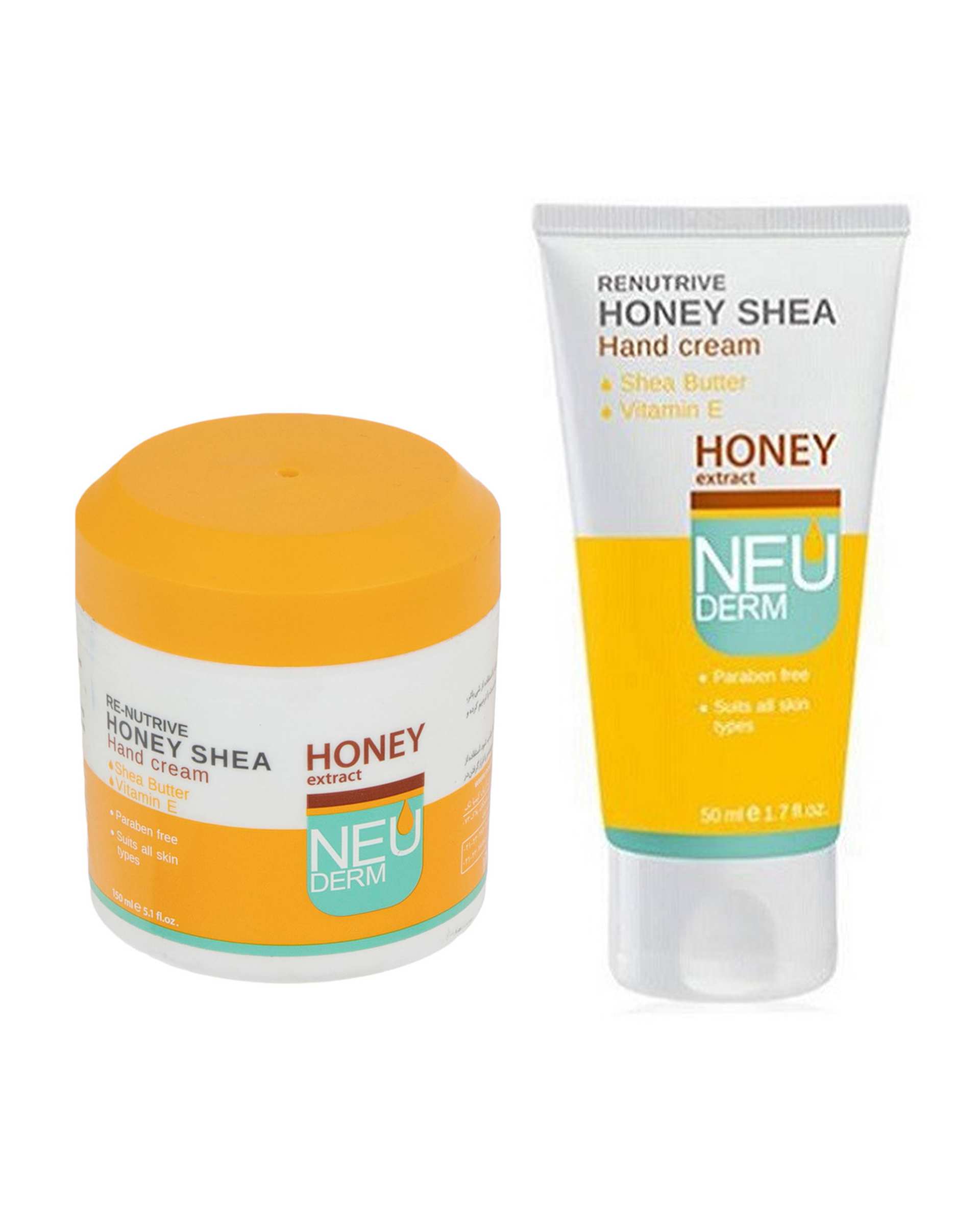 کرم مرطوب کننده دست کاسه ای 150ml به همراه کرم مرطوب کننده دست تیوپی 50ml نئودرم Neuderm مدل Re Nutrive Honey Shea بسته 2 عددی