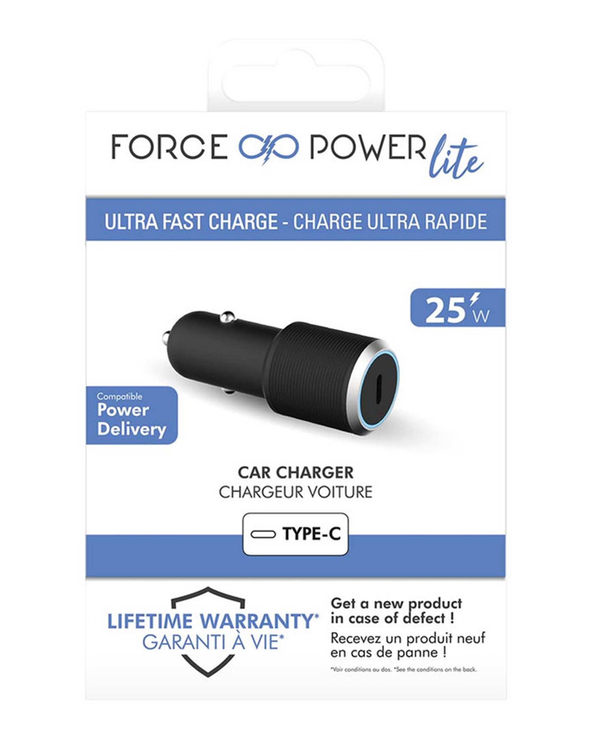 شارژر فندکی ۲۵ وات مشکی فورس Force مدل FPLICAC1C25WPDB Power Delivery با پورت USB-C