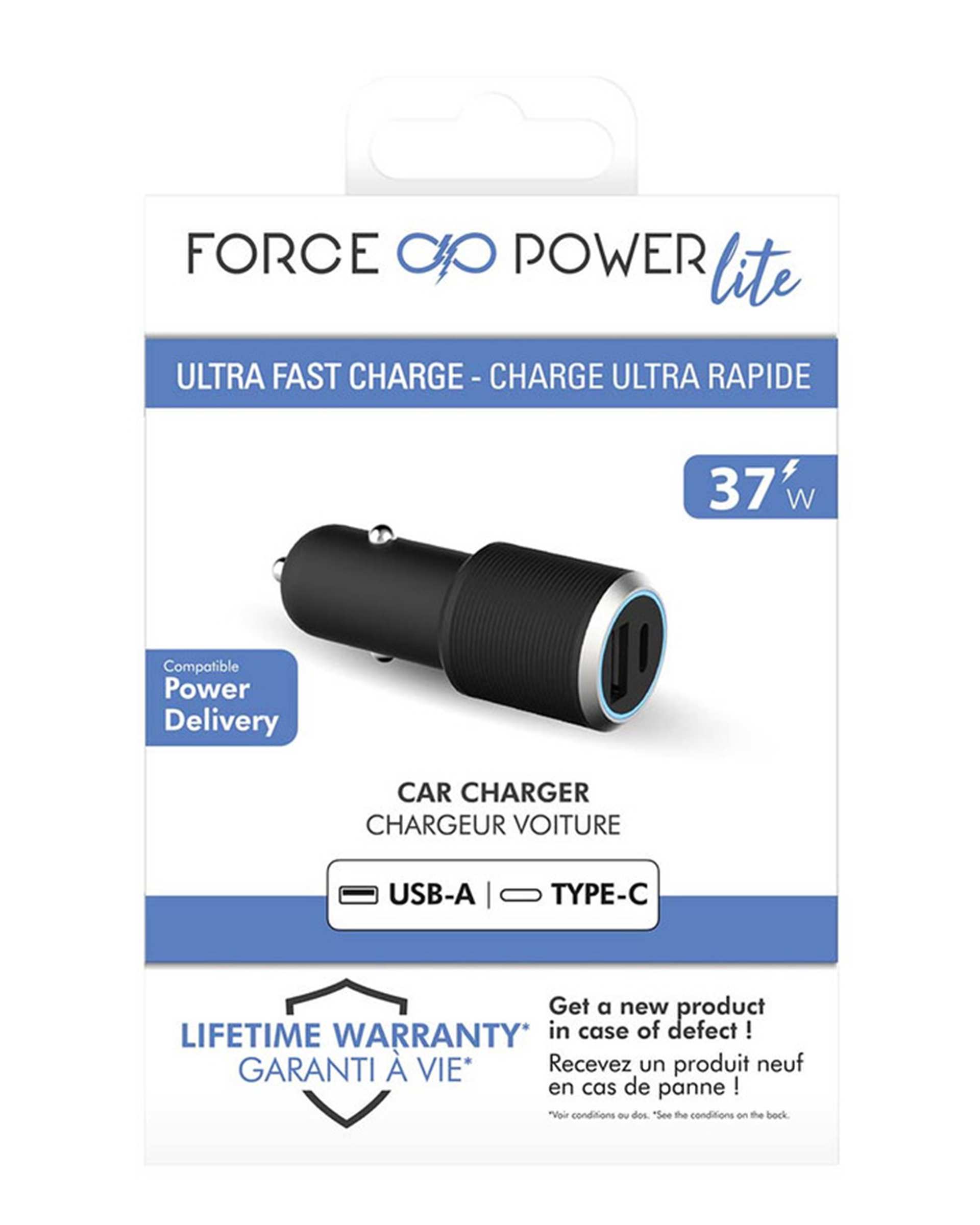 شارژر فندکی ۳۷ وات مشکی فورس Force مدل FPLICAC2AC37WPDB Power Delivery با دو پورت USB-C PD و USB-A