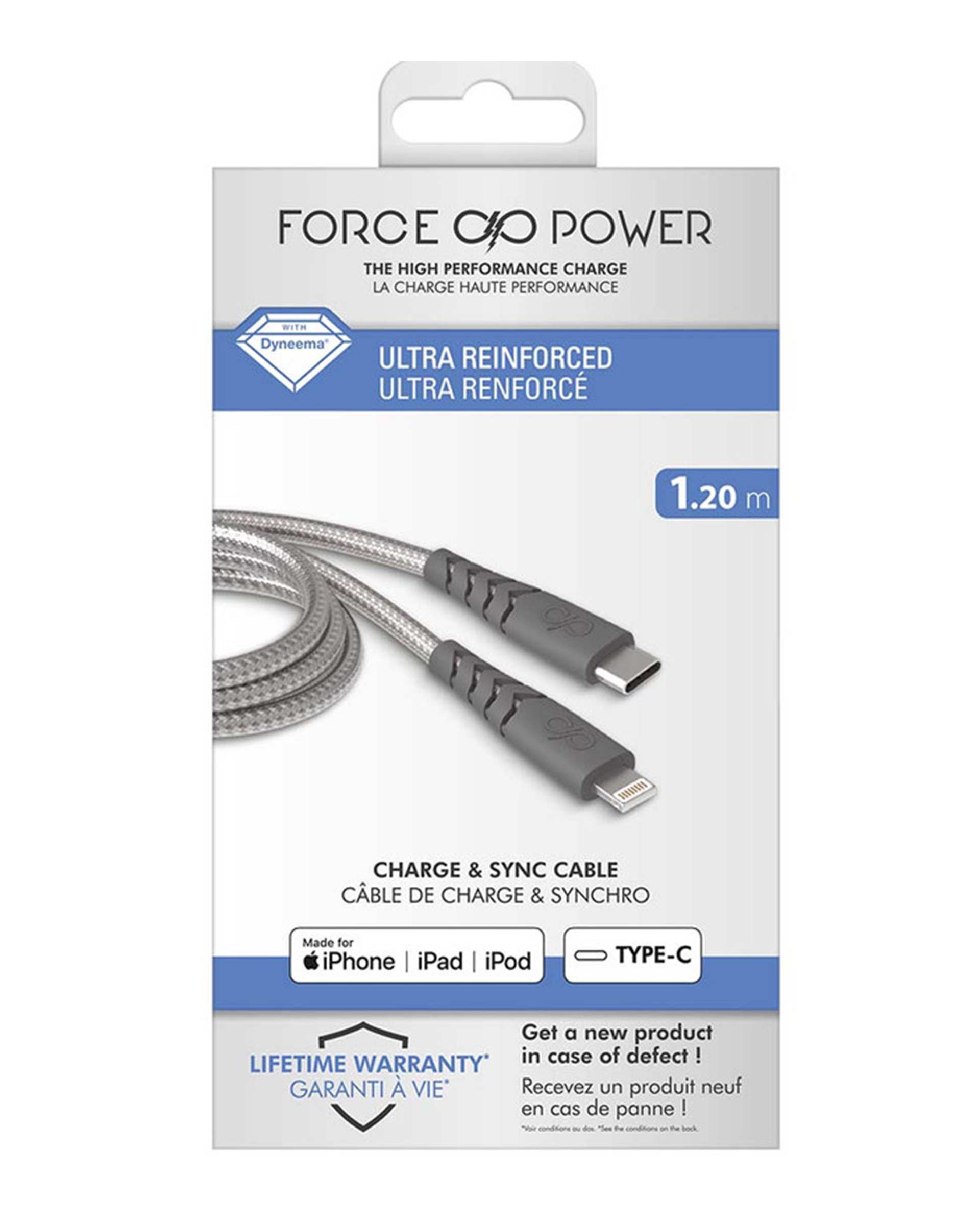 کابل تبدیل USB-C به لایتنینگ خاکستری فورس Force مدل FPCBLMFIC1.2MG Ultra-reinforced Cable طول 1.2 متر