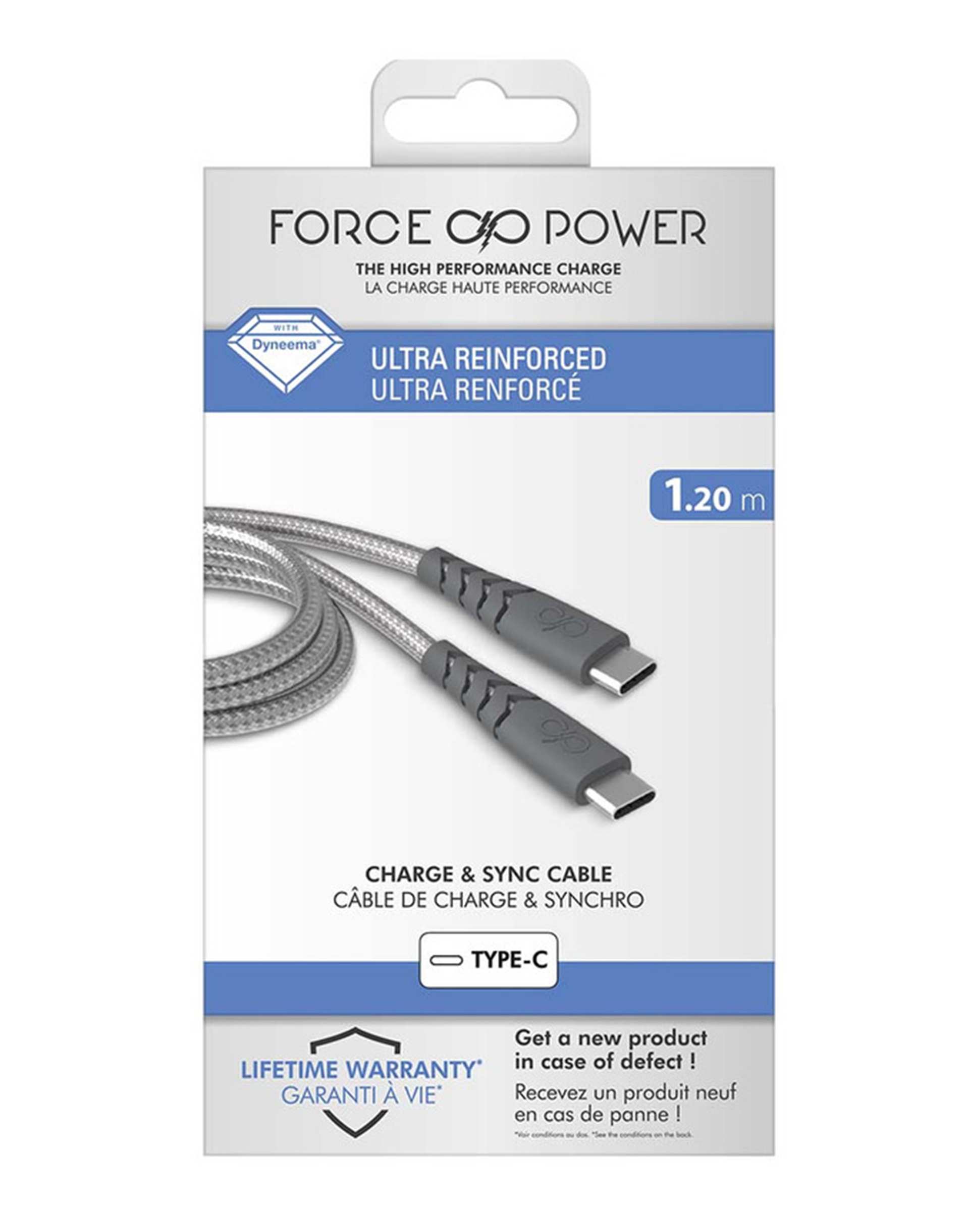 کابل شارژ USB-C به USB-C خاکستری فورس Force مدل FPCBLCC1M2M Ultra-reinforced Cable طول ۱.۲ متر