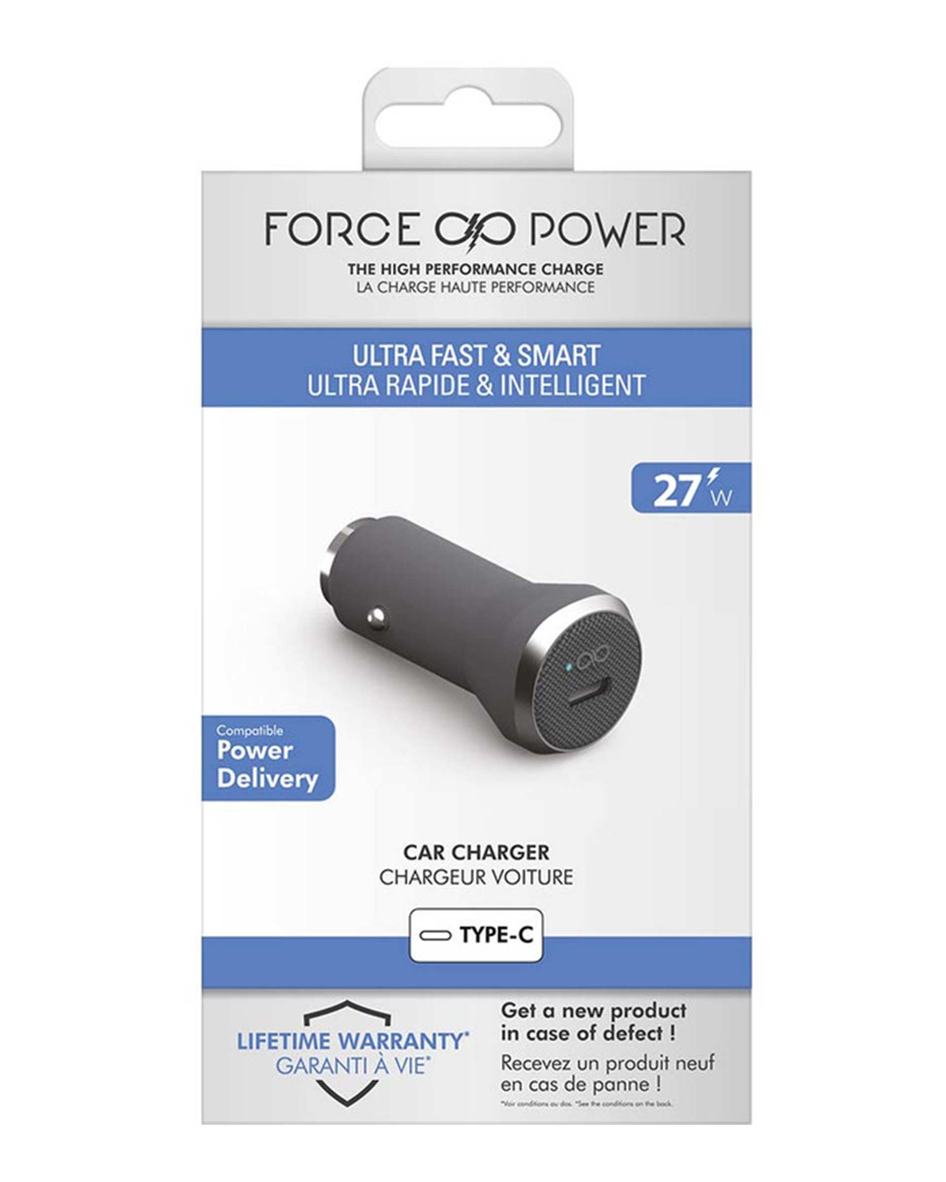 شارژر فندکی ۲۷ وات خاکستری فورس Force مدل FPCAC27W1USBCG Power Delivery با پورت USB-C