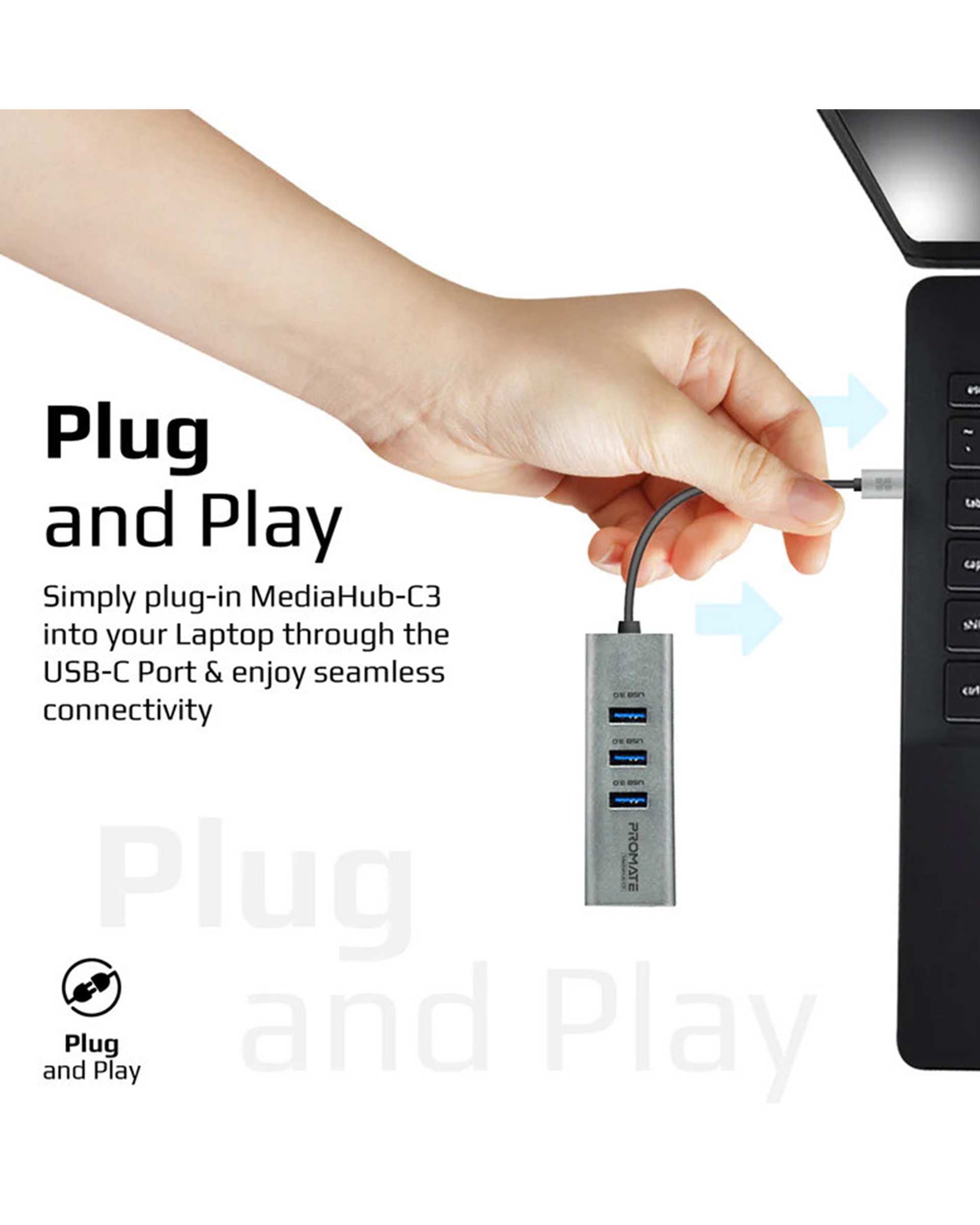 هاب 4 پورت USB-C خاکستری پرومیت Promate مدل MEDIAHUB-C3