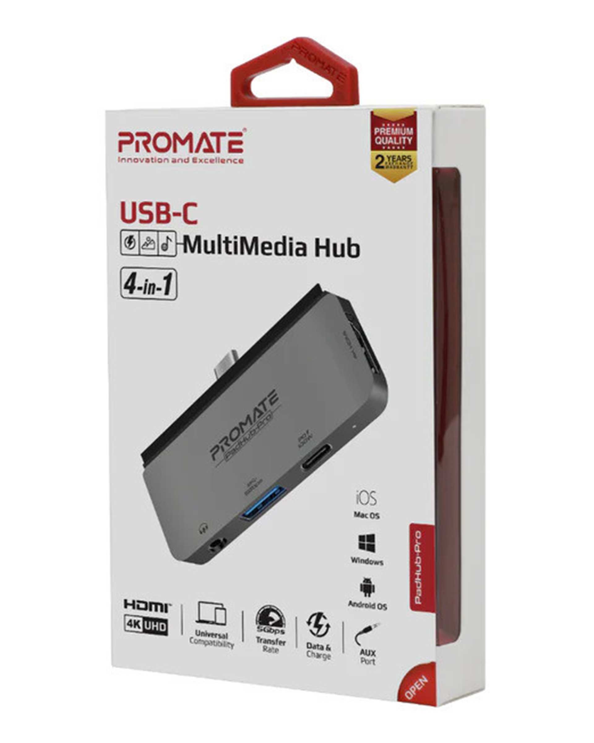 هاب 4 پورت USB-C خاکستری پرومیت Promate مدل PADHUB-PRO.GREY