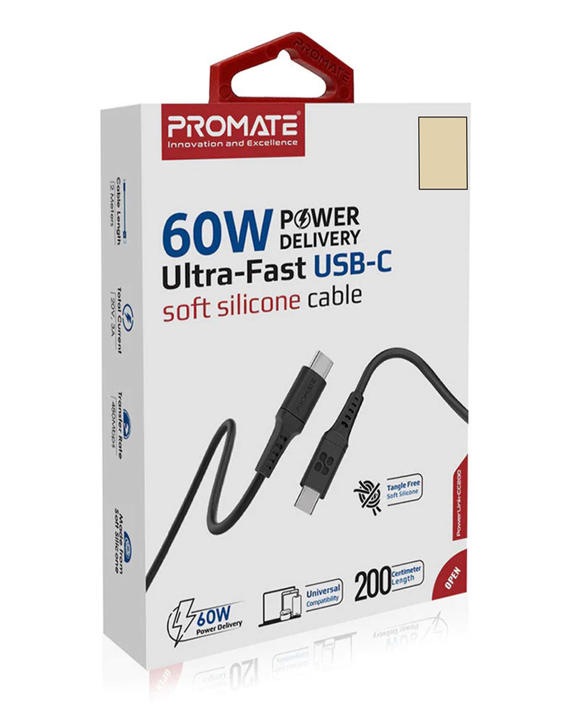 کابل USB-C مشکی پرومیت Promate مدل POWERLINK-CC200 طول 2 متر