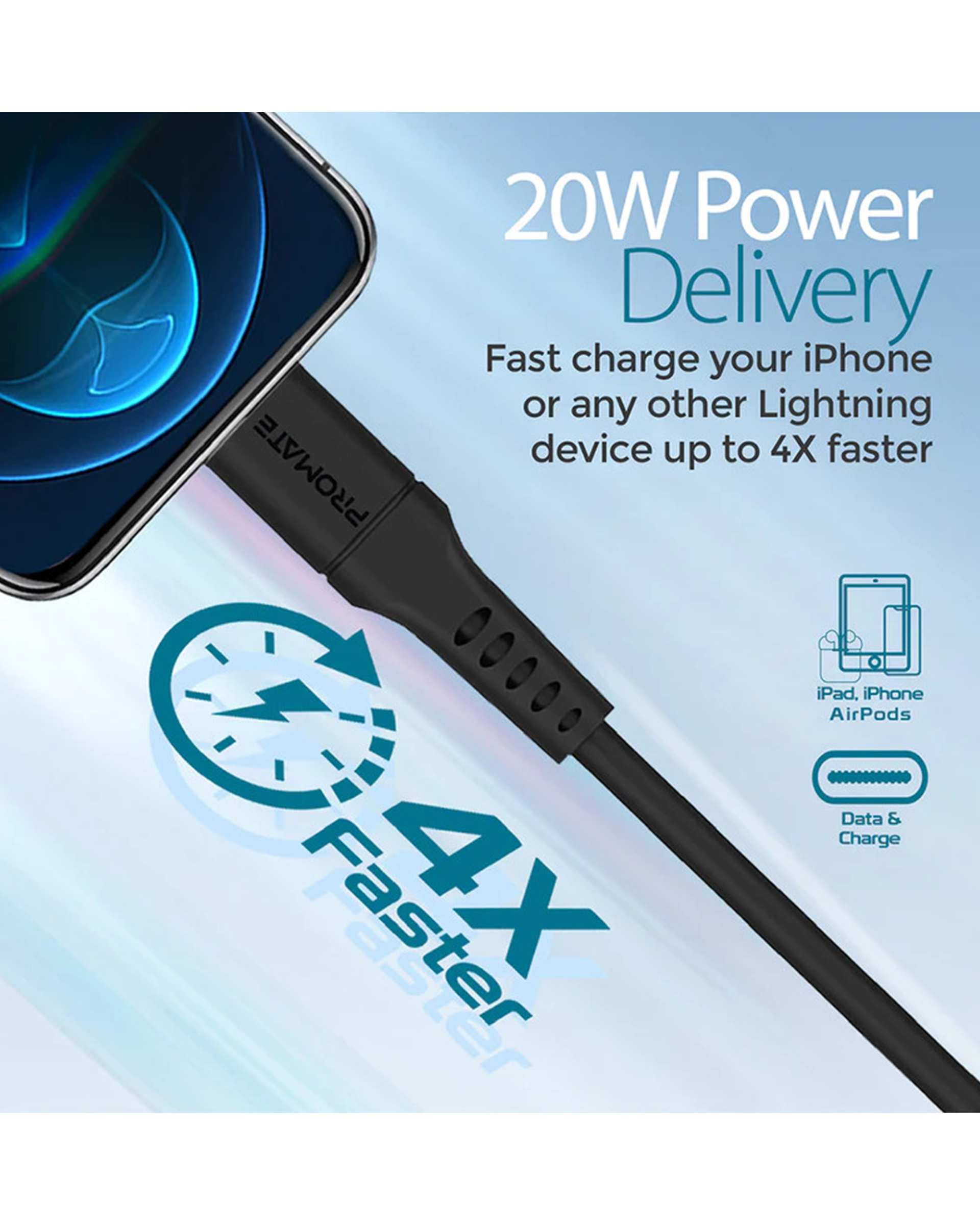 کابل تبدیل USB-C به لایتنینگ مشکی پرومیت Promate مدل POWERLINK-120 طول 1.2 متر