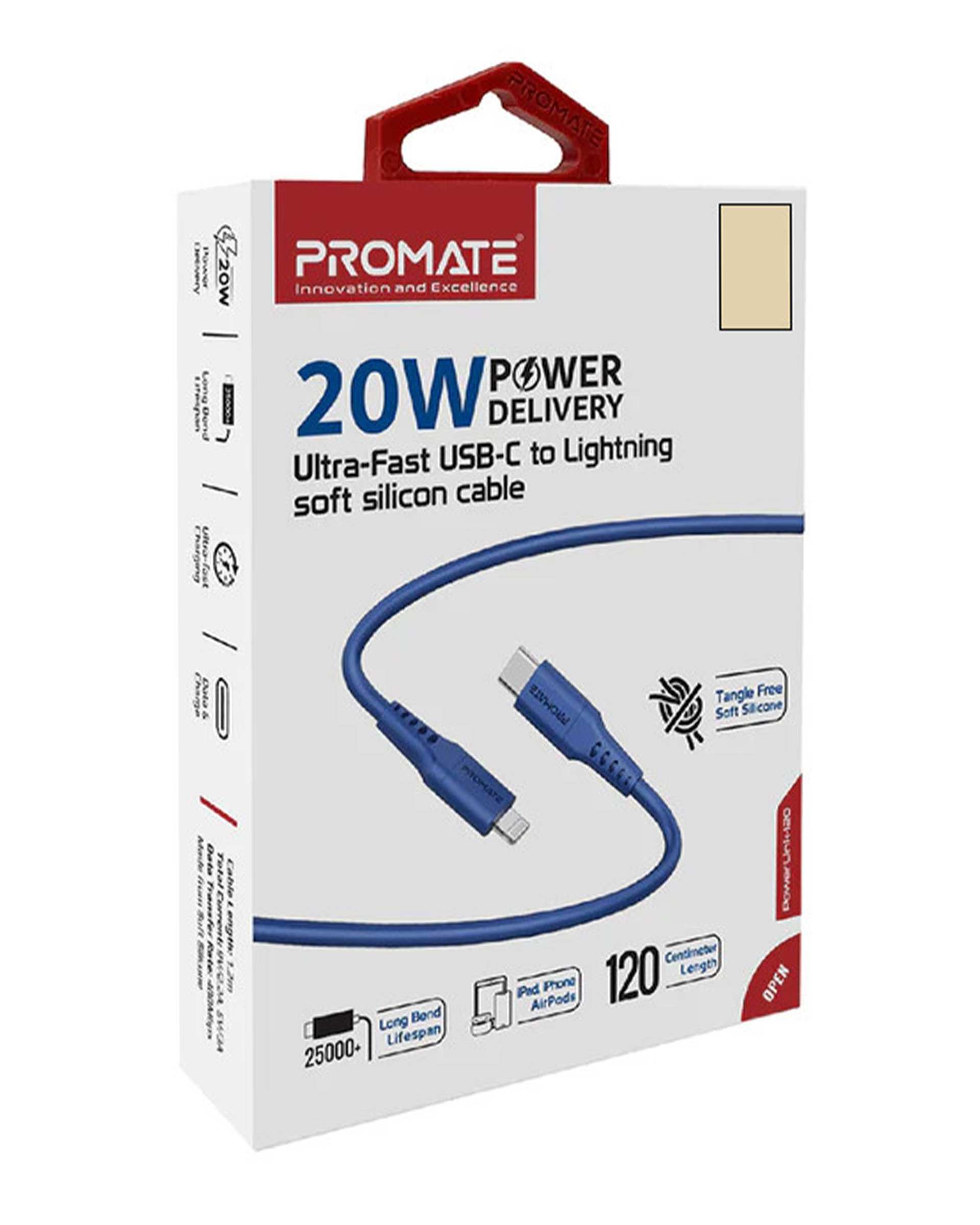 کابل تبدیل USB-C به لایتنینگ آبی پرومیت Promate مدل POWERLINK-120 طول 1.2 متر