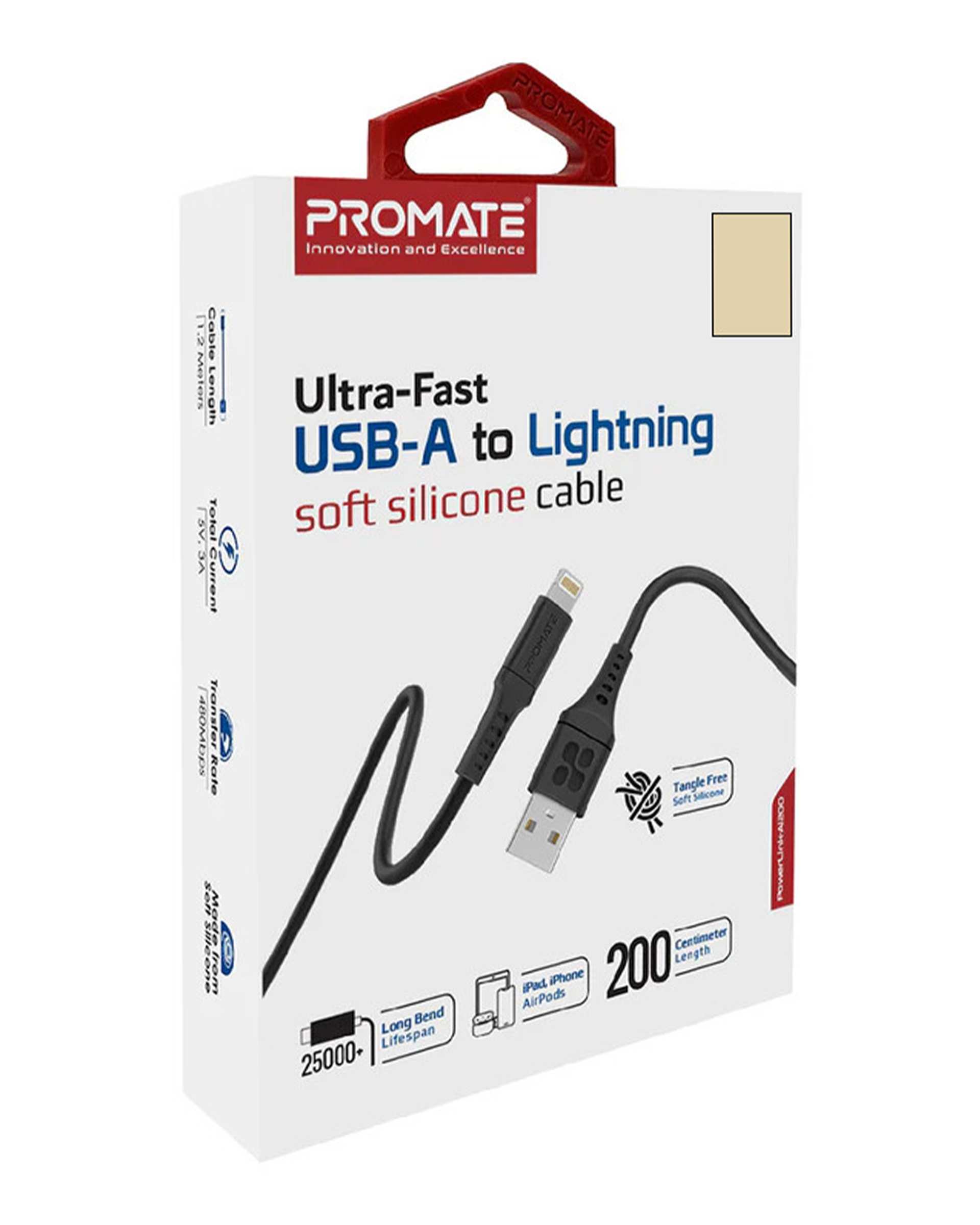 کابل تبدیل USB-A به لایتنینگ مشکی پرومیت Promate مدل POWERLINK-AI200 به طول 2 متر