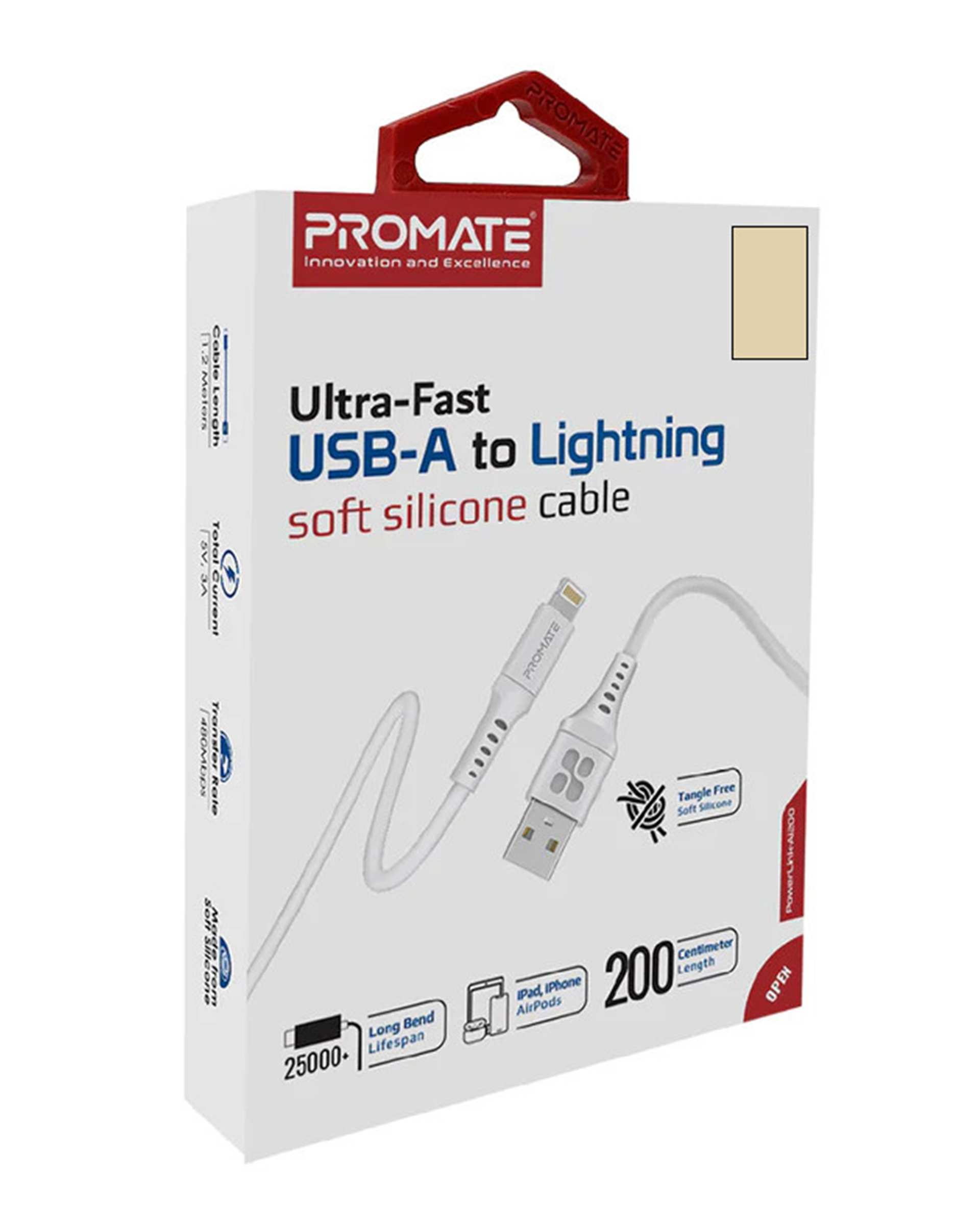 کابل تبدیل USB-A به لایتنینگ سفید پرومیت Promate مدل POWERLINK-AI200 به طول 2 متر