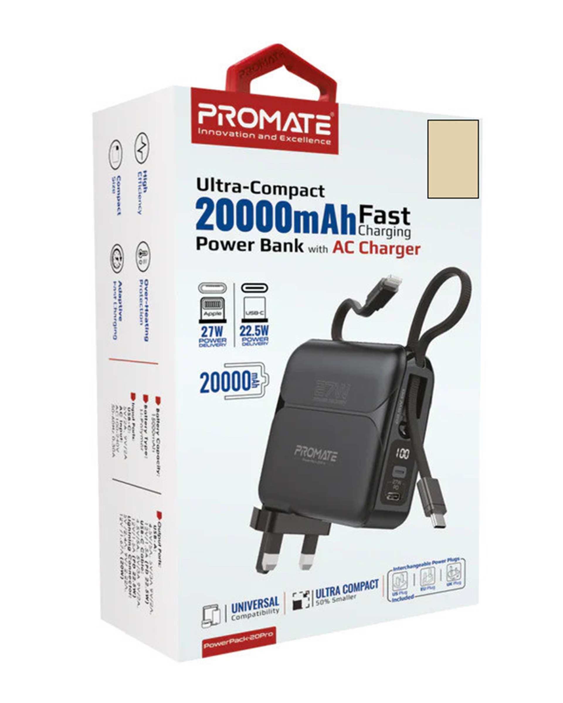 پاوربانک مشکی پرومیت Promate مدل POWERPACK-20PRO ظرفیت 20000 میلی آمپر ساعت به همراه شارژر