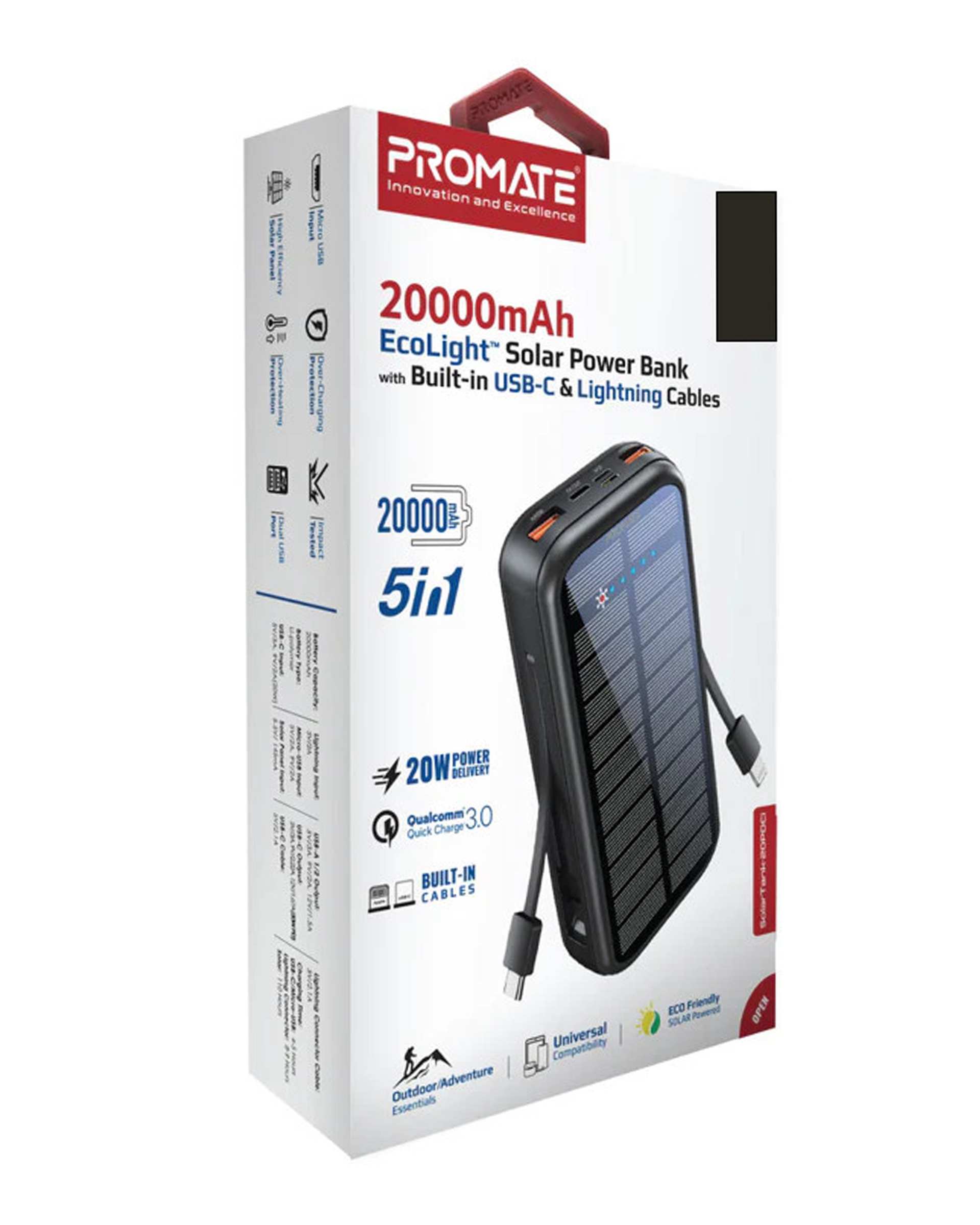 پاوربانک مشکی پرومیت Promate مدل SOLARTANK-20PDCI ظرفیت 20000 میلی آمپر ساعت