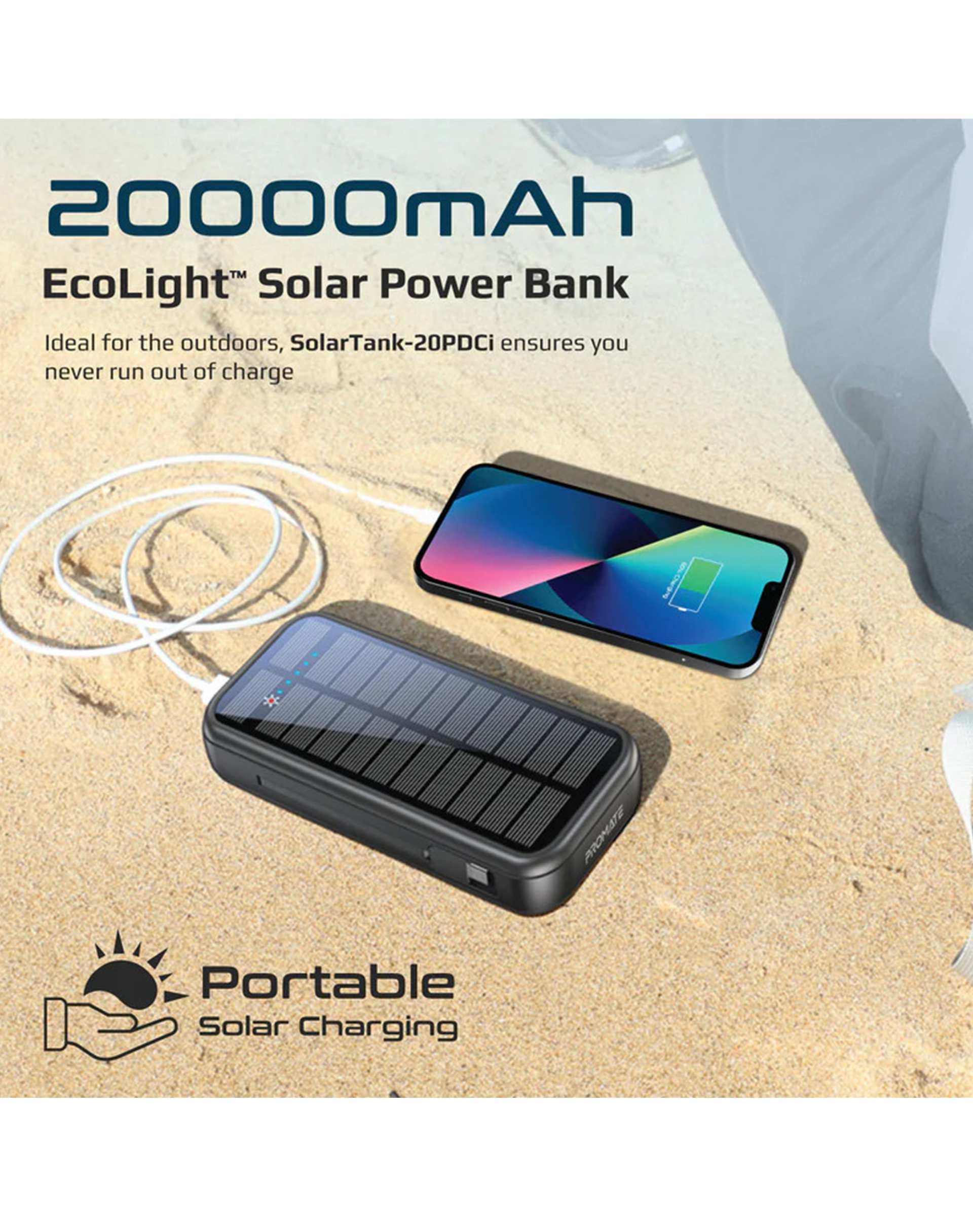 پاوربانک مشکی پرومیت Promate مدل SOLARTANK-20PDCI ظرفیت 20000 میلی آمپر ساعت