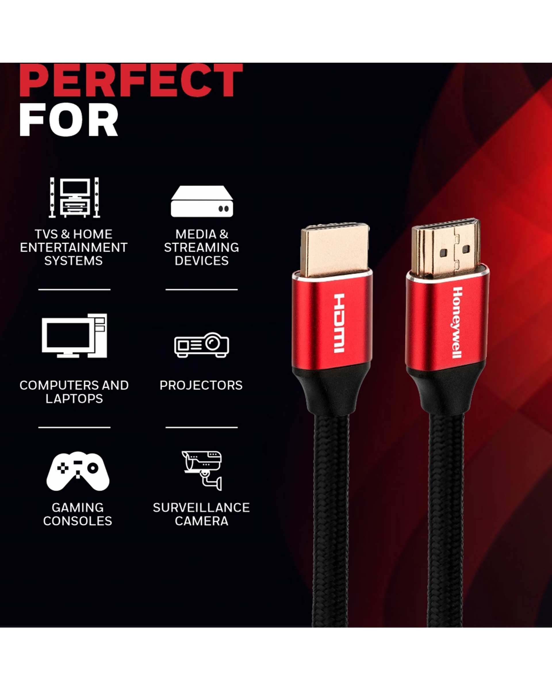 کابل HDMI 2.1 مشکی قرمز هانیول Honeywell به طول 2 متر