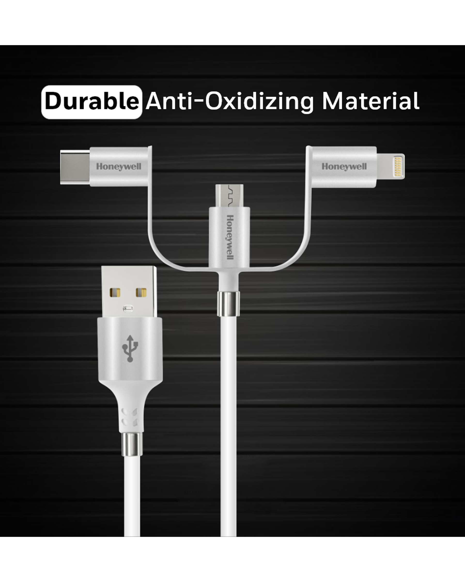 کابل تبدیل چندمنظوره USB به MicroUSB/ لایتنینگ/ USB-C سفید هانیول Honeywell طول 1.2 متر