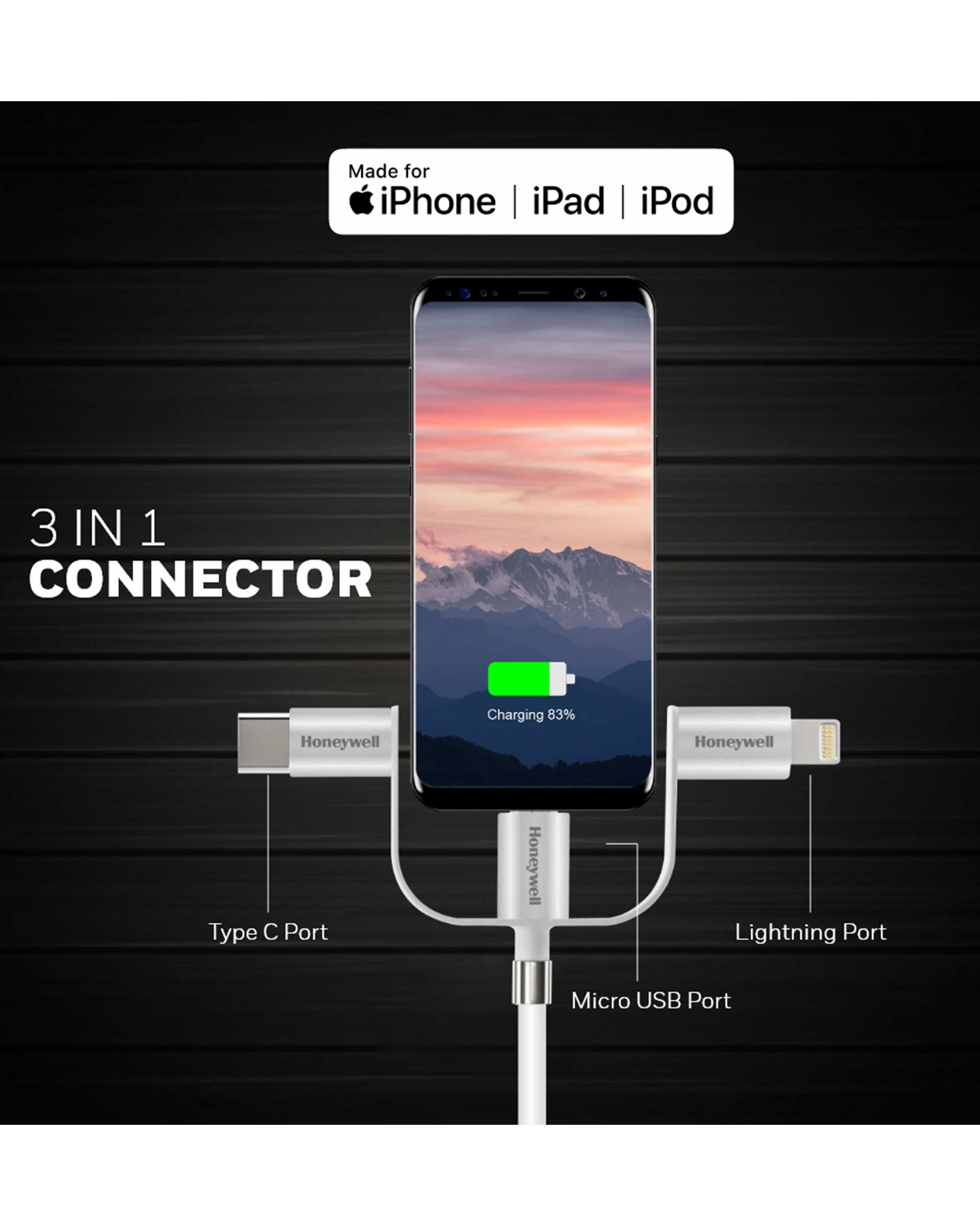 کابل تبدیل چندمنظوره USB به MicroUSB/ لایتنینگ/ USB-C سفید هانیول Honeywell طول 1.2 متر