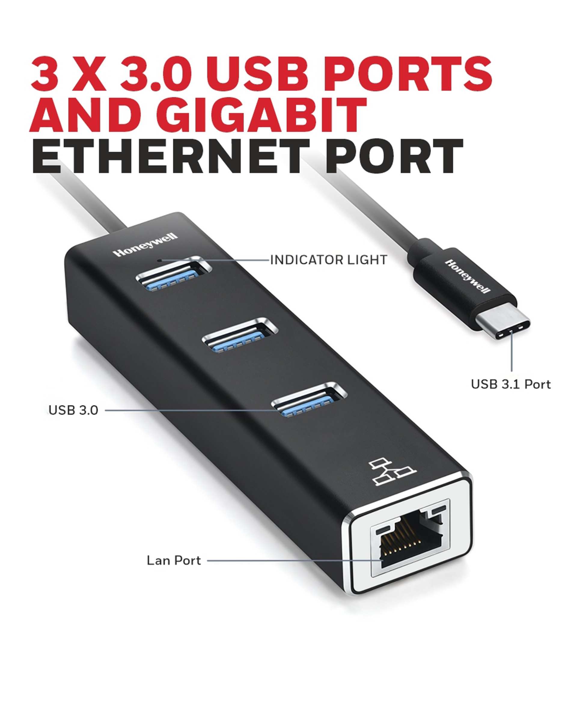 هاب 3 پورت USB 3.0 مشکی هانیول Honeywell