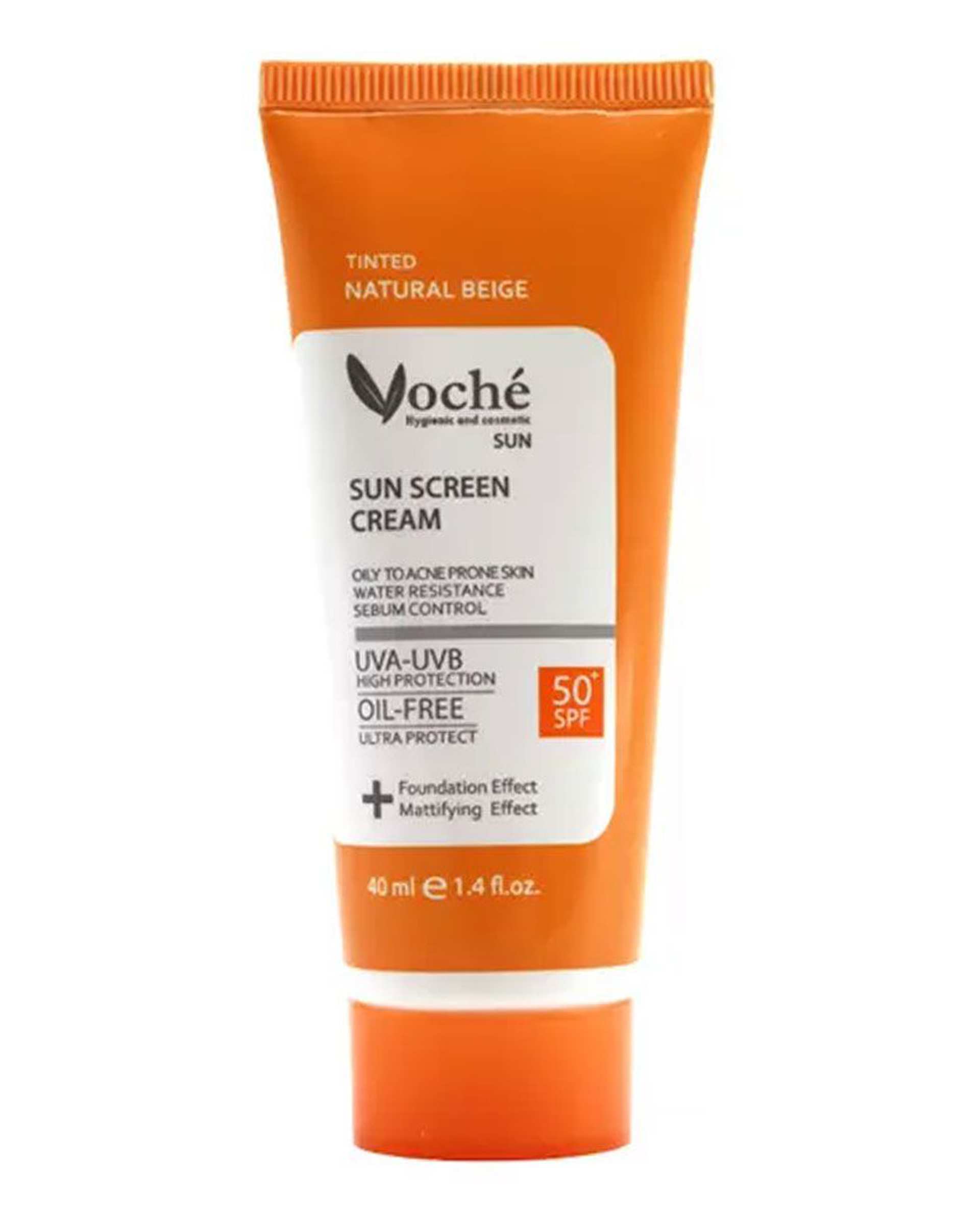 کرم ضد آفتاب رنگی SPF50 وچه Voche مناسب پوست های چرب و مستعد آکنه بژ طبیعی
