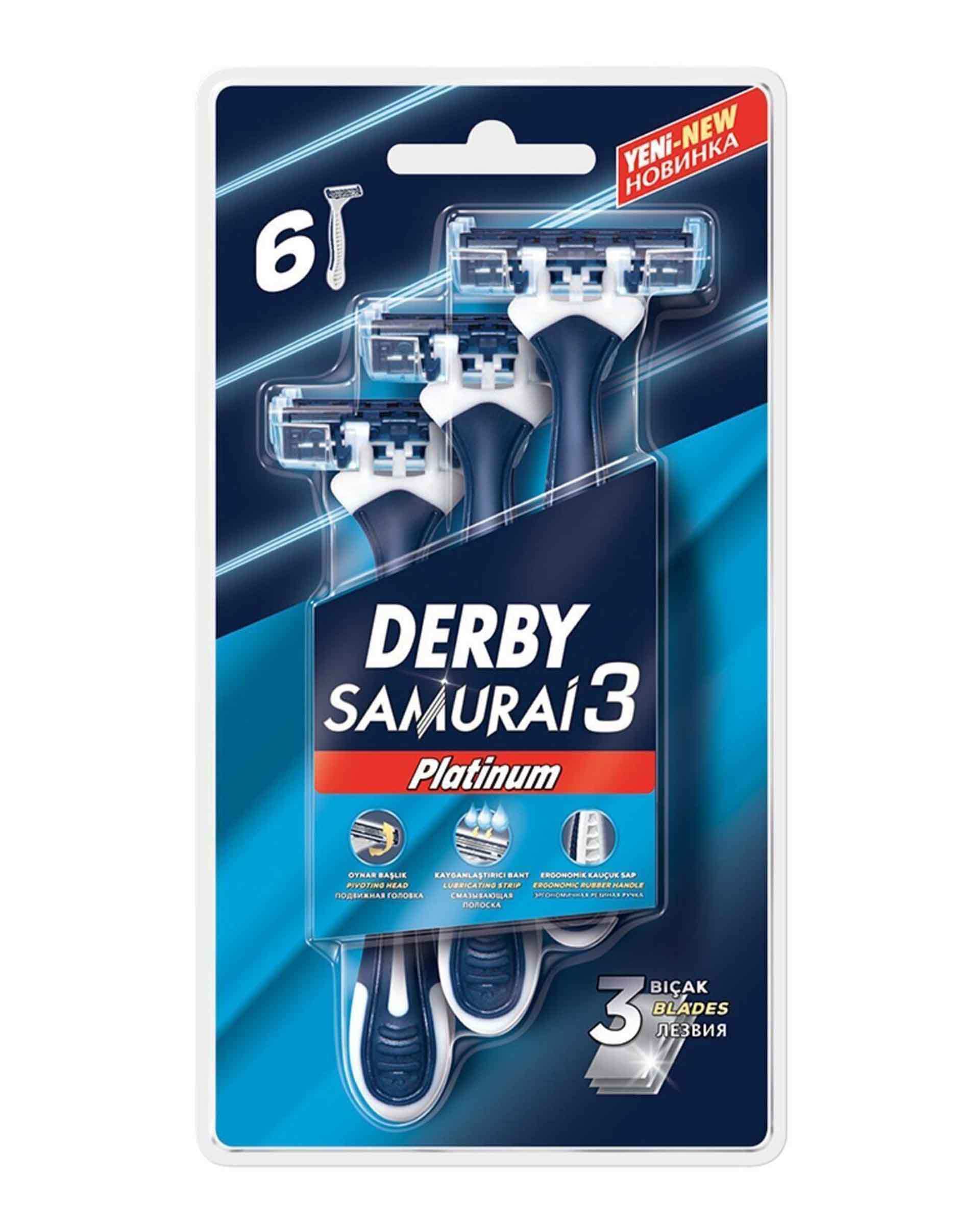 تیغ اصلاح مردانه 3 لبه دربی Derby مدل Samurai Platinum Blister بسته 6 عددی