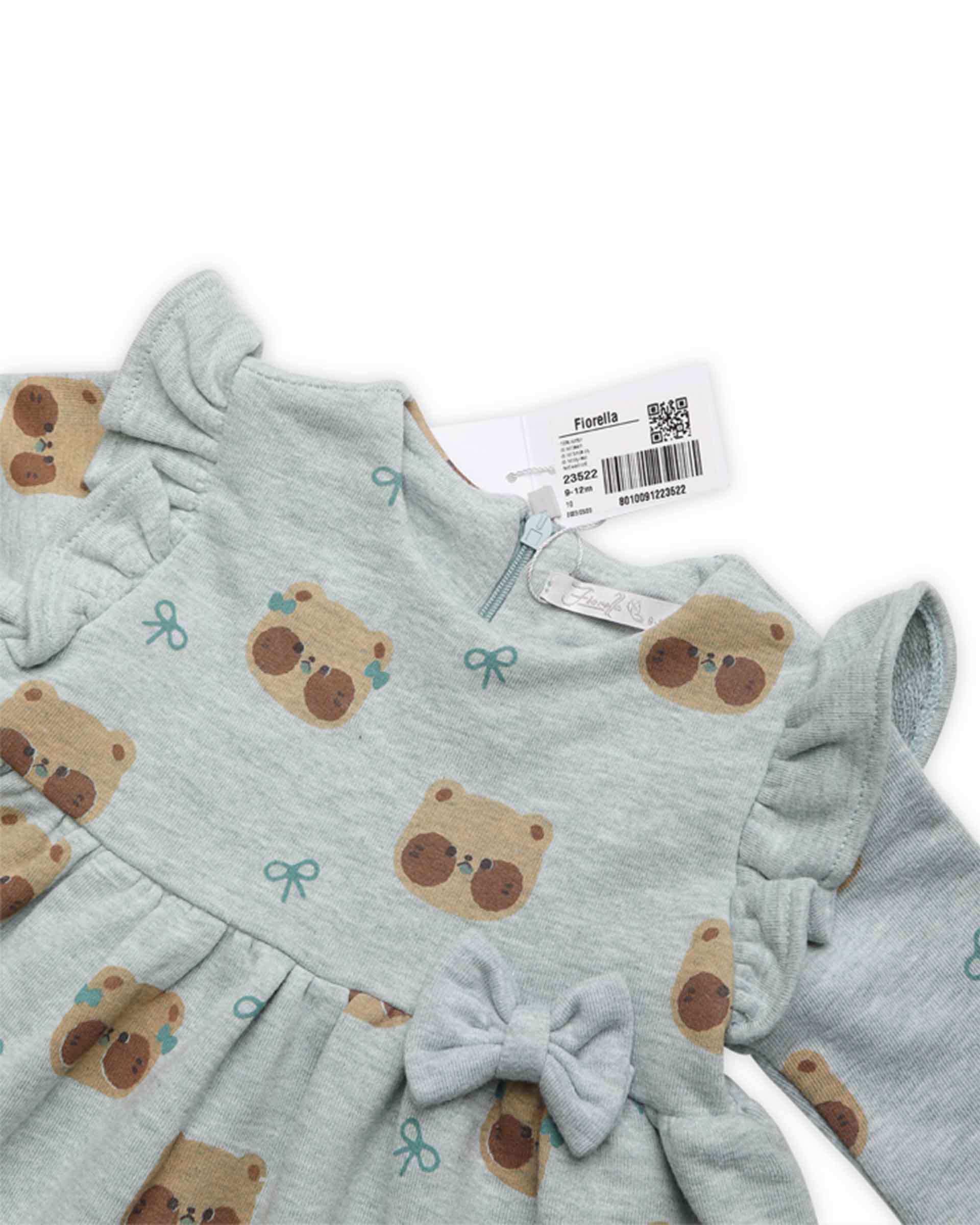 پیراهن دخترانه نوزادی نخی طوسی فیورلا Fiorella طرح خرس کد 23522