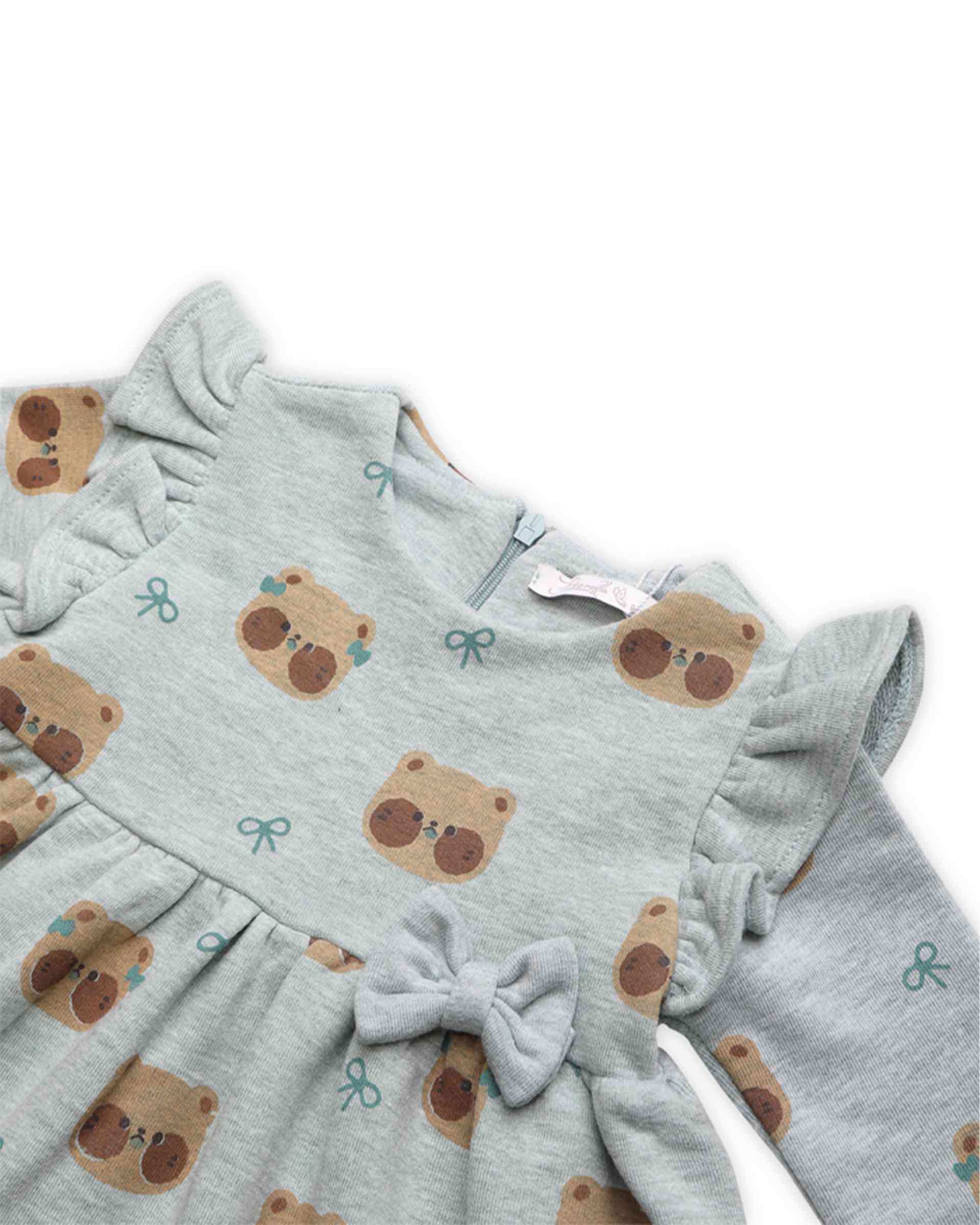 پیراهن دخترانه نوزادی نخی طوسی فیورلا Fiorella طرح خرس کد 23522