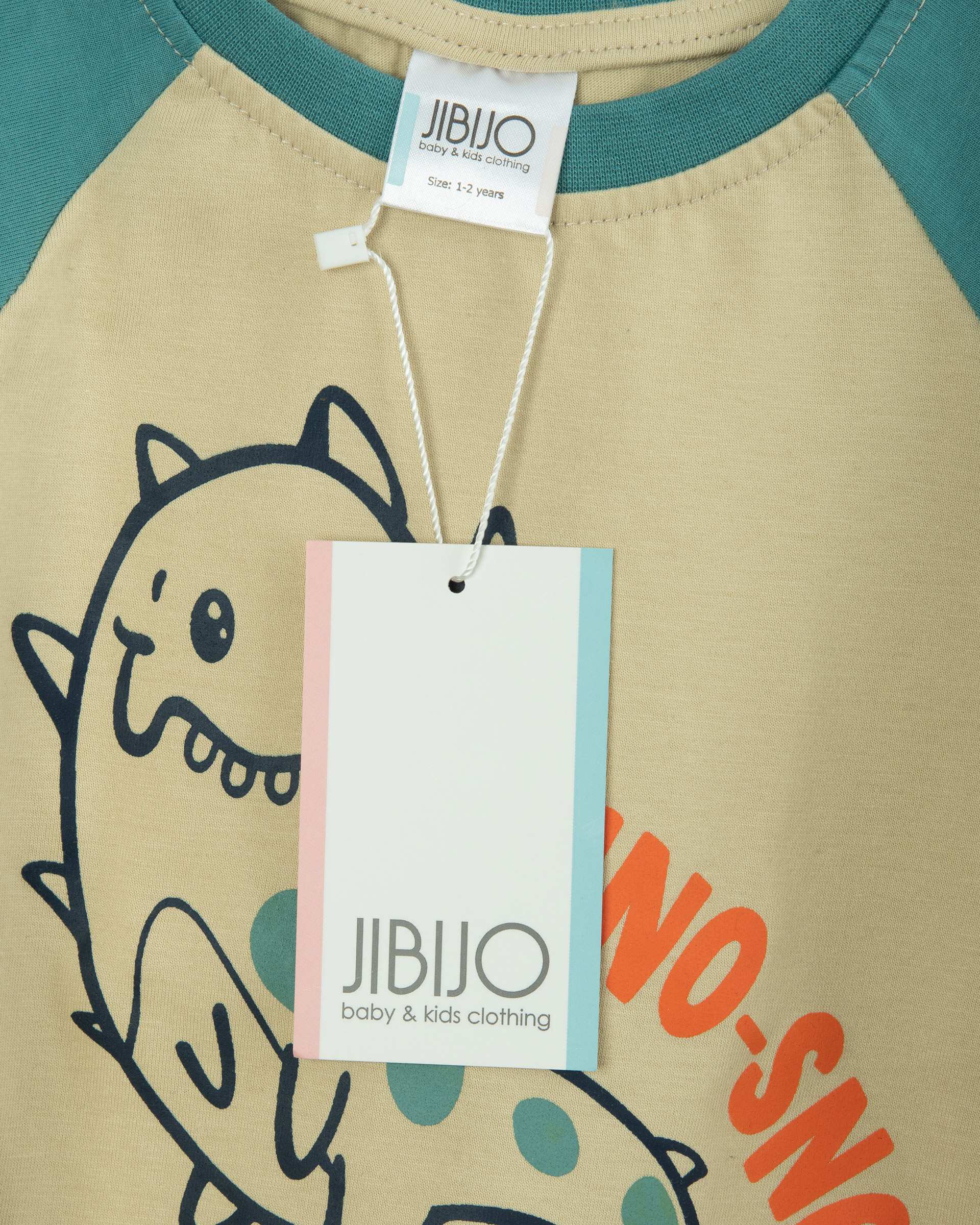 ست بلوز و شلوار بچگانه نخی کرم سبز جی بی جو Jibijo طرح دایناسور کد 3104